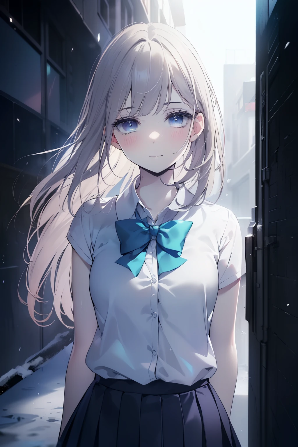 (Obra maestra, La mejor calidad, ultrahigh resolution), 1girl, standing, school uniform, white office shirt, black pleated skirt, ((light brown, light brown hair:0.7), long hair cut, pale skin, ((blue eyes)), glowing_eyes, neon eyes, (ultra detailed eyes, beautiful and detailed face, detailed eyes), ((centered)), smile, ((wide shot)), facing viewer, eye level, (blurry background, bright snowy background, winter), flat chested, looking at viewer, ((half closed eyes)), ((perfect hands)), (((head, arms, hips, elbows, in view))), ((hands behind back)), empty eyes, beautiful lighting, outside, outdoors, background, defined subject, 25 years old,