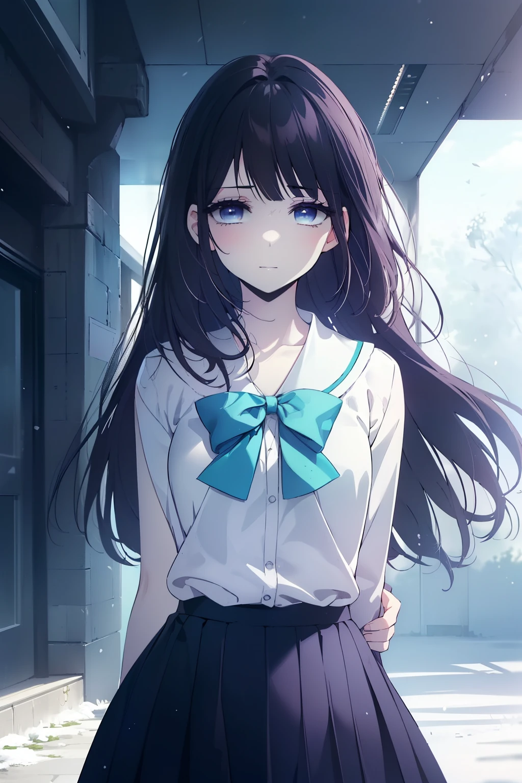 (Obra maestra, La mejor calidad, ultrahigh resolution), 1girl, standing, school uniform, white office shirt, black pleated skirt, ((light brown, light brown hair:0.7), long hair cut, pale skin, ((blue eyes)), glowing_eyes, neon eyes, (ultra detailed eyes, beautiful and detailed face, detailed eyes), ((centered)), smile, ((wide shot)), facing viewer, eye level, (blurry background, bright snowy background, winter), flat chested, looking at viewer, ((half closed eyes)), ((perfect hands)), (((head, arms, hips, elbows, in view))), ((hands behind back)), empty eyes, beautiful lighting, outside, outdoors, background, defined subject, 25 years old,