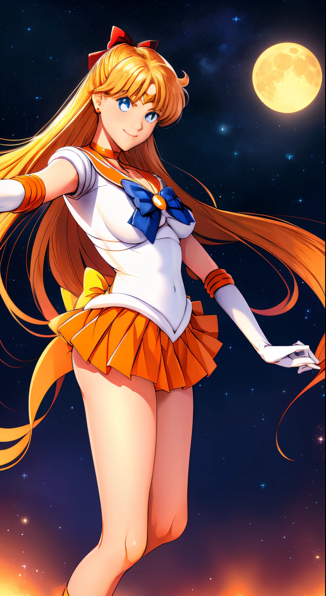 masutepiece, Best Quality, hight resolution, SV1, Sailor Senshi Uniform, Orange skirt, White shorts、elbow groves, tiarra, Pleated skirt, Miniskirt, White panty、Red bow, orangechoker, White Gloves, Jewelry, Starry sky, badass pose, slight smile, Portrait, floating, Moon, Upper body