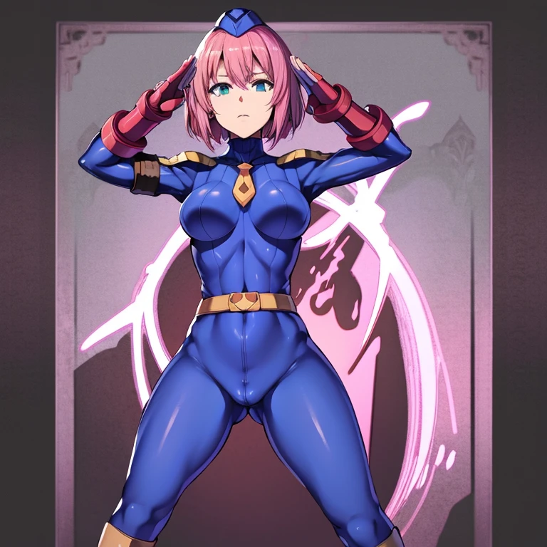 Masterpiece, Best Quality, Highly detailed, illustration, absurdres, street fighter, doll suit, shadaloo doll, nazi saluting, military, military saluting, salute, 1 girl, solo, expressionless, emotionless eyes, looking at viewer, red gloves, emotionless, black latex, corrution, zofa suit, zofa soldier, mind control, female combatant, full body, hypnotized, standing, standing at attention, unhappy trance, full body suit, belt, eagle emblem, estelle, Estellise Sidos Heurassein, Tales of Vesperia, pink hair, green eyes, short hair