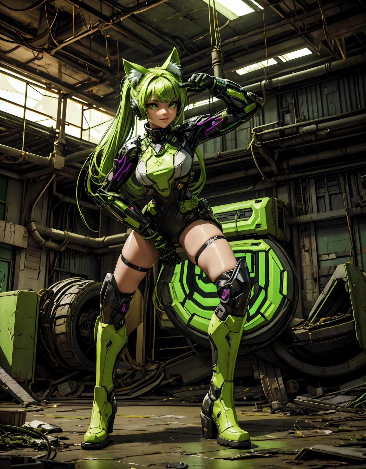 "Masterpiece in dystopian 4K resolution UHD high detail, with mecha_musume purple_glitter style, vibrant details in green and yellow, inspired by cyberpunk chaos. Vibrant green and yellow details capture the eye, while her towering cybernetic boots make a bold statement. Her pious eyes connect with the viewer, conveying a mix of courage and mystery. A graceful smile illuminates her face, framed by a headset with cat ears. Her short "light green" hair, with bangs and two pigtails, creates a fascinating contrast with the deteriorated setting of the underground oasis. Clear water, mud, pipes and crumbling concrete structures make up the environment , providing an intriguing and horrifying vision of cyber horror.|{The camera positioned very close to her, revealing her entire body as she adopts a _pose, interacting with and leaning on a structure in the scene in an exciting way.} | ((perfect_pose):1), She adopting a ((_pose as interactions, boldly leaning on a structure, leaning back in a dynamic way):1.3), ((full body)), ((hands_with_5_fingers):1), ((perfect_hands):1), ((perfect_fingers):1), ((perfect_legs):1), better_hands, More Detail".