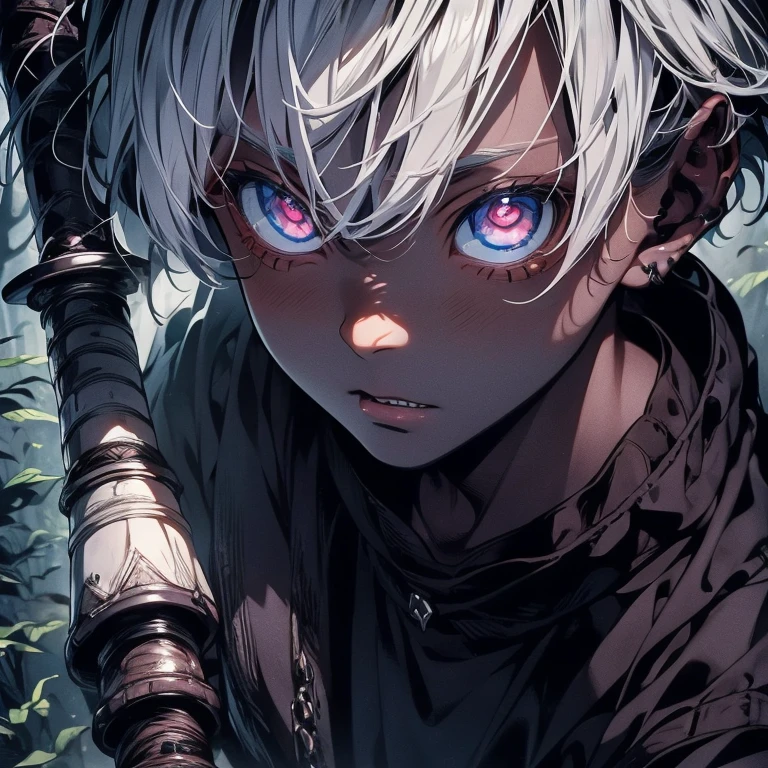 a dark skinned boy, with white hair, with a rblue eyes, aged , short kid, strogaze, amidst the forest, vagabond art style, kentaro miura art style, berserk style, holding sword, high angle , basic sword fighting stance, dynamic pose, comic strip, 4k, realistic.