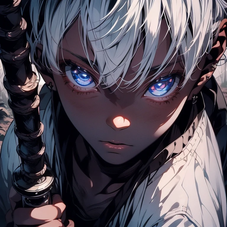 a dark skinned boy, with white hair, with a rblue eyes, aged six years, short ???, strong gaze, amidst the forest, vagabond art style, kentaro miura art style, berserk style, holding sword, high angle , basic sword fighting stance, dynamic pose, comic strip, 4k, realistic.