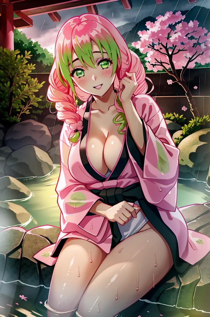(1girl, kanroji_mitsuri, looking at viewer, japanese kimono, pink kimono, light blush, light smile, pink and green hair, green eyes, large breasts, cleavage, curvy, thick thigs, shiny skin, wide hips, thin waist:1.2), absurdres, (ultra-detailed), masterpiece, best quality, (official wallpaper, official art:1.1025), good hands, good fingers, epic lighting, cinematic composition, (game cg:1.2), hyperrealistic, (outdoors, onsen, Japanese garden, cherry tree, water, wet, raining, dark clouds), super detailed eyes, soft lighting, gorgeous light and shadow, rainy