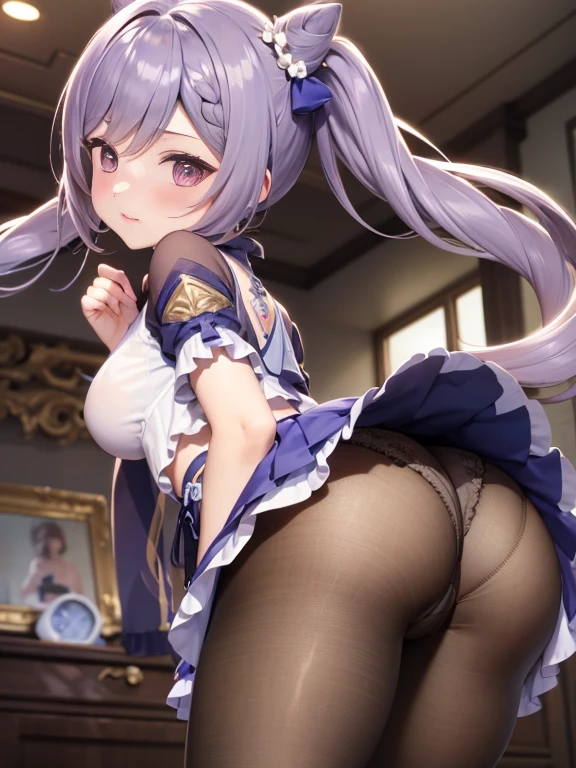 (One lady)、(masterpiece)、(best qualtiy)、(ultra-detailliert)、(a high chroma)、(CG Illustration)、((low angles))、18 year old beautiful schoolgirl、Delicate beautiful face、(red blush)、(A dark-haired)、(dishevled hair)、(Anime-style eyes)、((black plain clothes))、See-through clothes:1.3、((Thick black tights))、(Translucent panties)、(Dark blue pleated skirt)、(teats)、B cup breasts、((turned around))、The best lighting、simple background