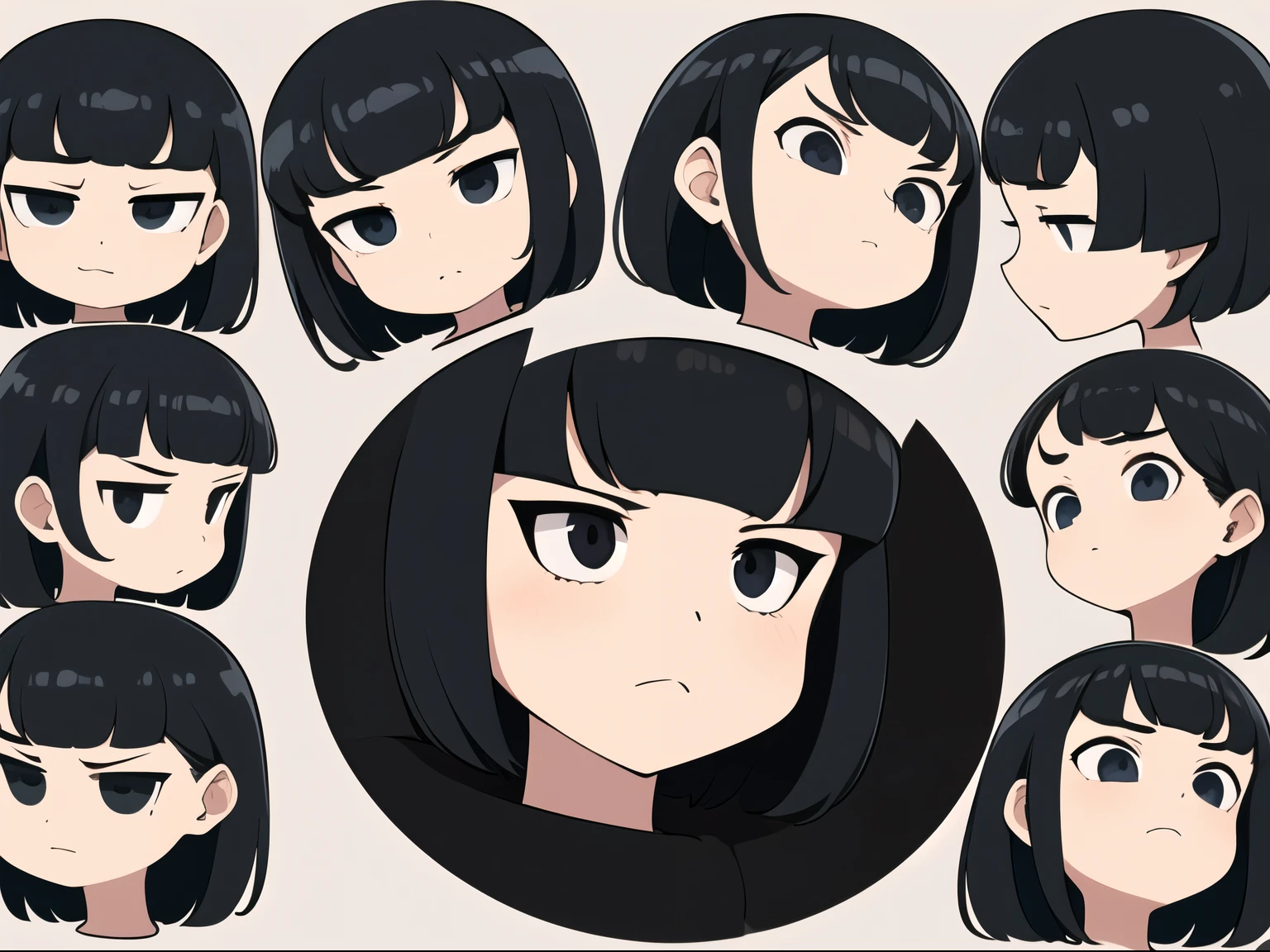 short bob, black hair, black eyes, slant eyes, round face, high , bad mood