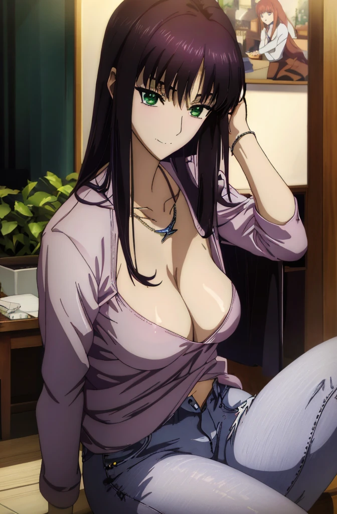 Anime girl with big breasts sitting on the desk in the room, Seductive Anime Girl, charming anime girls, beautiful alluring anime woman, Beautiful captivating anime , Smooth Anime CG Art, beautiful anime girl squatting, beautiful anime woman, Beautiful anime girl, Anime Best Girl,Seductive anime dick girl, nffsw,hiquality,Connect ticker and 8K, hight resolution,Very detailed CG, High quality shadows, Detail Beautiful delicate face, Detail Beautiful delicate eyes,BREAK(Wallpapers with highly detailed 8K),(Highly detailed CG 8K wallpaper),Makima (chain saw man),Sukasaha (Fate/grand order),Shimohira Reihua ,Hi-Res,Very delicate and beautiful CG illustration,top-quality,beautiful thigh,big breasts thin waist,(((masutepiece))), (((Best Quality))),8K,32K,masterpiece,beautiful alluring anime woman,ultra-definition,ultra-detailliert,hight resolution,a hyperrealistic schoolgirl,masuter piece, Best Quality, High quality, High Definition, high quality texture, high quality shadow, high detailing,finely detail,A age girl,1girl in,High school students,Solo,Soio,Only one person,Alone,One Person,taki,Mature atmosphere,Leg length,neat and long legs,8 Head Body,stature:171cm,Mature girls,Reddish-purple hair,Reddish-purple hair,Purple hair,cassis colored hair,silky and smooth hair,Colorful hair,Straight hair,Smile,Cool Beauty,Beautuful Women,Neat face, Beautiful realism,Seductive look,Bewitching look,serene expressions,beautiful hairl,She wears a necklace around her neck,Necklace,bead necklace,magatama accessories,A slight smil,Colorful eyes,green colored eyes,Jade-colored eyes,beautidful eyes,Bright eye,Delicat eyes,Eyes Like Gems,Jade Eyes,Hanging eyes,(Green eyes:1.5),Seductive face,Watching the viewer,Model photo,simple background,Black hair, longeyelashes, lightsmile, Reddish-purple hair, cassis colored hair, Hairpin, lightsmile, Seductive smile, Jade-colored eyes, PUPILS SPARKLING, Hanging eyes, multicolored eyes, Anime style, Hyper-Realism, Realism, anime styled, 8K, Super Detail, ccurate, Best Quality, 16 K, Anatomically correct, ccurate, nffsw, 16 K, hight resolution, Best Quality,parka,Plain clothe,((Black Lowrise Skinny Long Jeans)),hooded sweatshirt,((Sweatshirt)),stroll,Building Street,Sunlight,blue-sky,stroll,Bustling street,during daytime,Walking,takeout,out,cowboy shot,