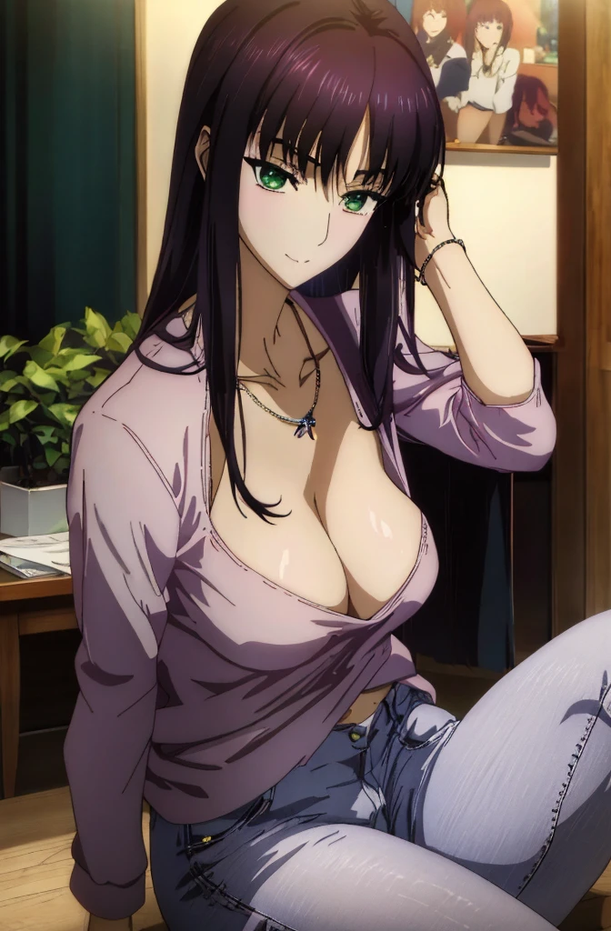 Anime girl with big breasts sitting on the desk in the room, Seductive Anime Girl, charming anime girls, beautiful alluring anime woman, Beautiful captivating anime , Smooth Anime CG Art, beautiful anime girl squatting, beautiful anime woman, Beautiful anime girl, Anime Best Girl,Seductive anime dick girl, nffsw,hiquality,Connect ticker and 8K, hight resolution,Very detailed CG, High quality shadows, Detail Beautiful delicate face, Detail Beautiful delicate eyes,BREAK(Wallpapers with highly detailed 8K),(Highly detailed CG 8K wallpaper),Makima (chain saw man),Sukasaha (Fate/grand order),Shimohira Reihua ,Hi-Res,Very delicate and beautiful CG illustration,top-quality,beautiful thigh,big breasts thin waist,(((masutepiece))), (((Best Quality))),8K,32K,masterpiece,beautiful alluring anime woman,ultra-definition,ultra-detailliert,hight resolution,a hyperrealistic schoolgirl,masuter piece, Best Quality, High quality, High Definition, high quality texture, high quality shadow, high detailing,finely detail,A age girl,1girl in,High school students,Solo,Soio,Only one person,Alone,One Person,taki,Mature atmosphere,Leg length,neat and long legs,8 Head Body,stature:171cm,Mature girls,Reddish-purple hair,Reddish-purple hair,Purple hair,cassis colored hair,silky and smooth hair,Colorful hair,Straight hair,Smile,Cool Beauty,Beautuful Women,Neat face, Beautiful realism,Seductive look,Bewitching look,serene expressions,beautiful hairl,She wears a necklace around her neck,Necklace,bead necklace,magatama accessories,A slight smil,Colorful eyes,green colored eyes,Jade-colored eyes,beautidful eyes,Bright eye,Delicat eyes,Eyes Like Gems,Jade Eyes,Hanging eyes,(Green eyes:1.5),Seductive face,Watching the viewer,Model photo,simple background,Black hair, longeyelashes, lightsmile, Reddish-purple hair, cassis colored hair, Hairpin, lightsmile, Seductive smile, Jade-colored eyes, PUPILS SPARKLING, Hanging eyes, multicolored eyes, Anime style, Hyper-Realism, Realism, anime styled, 8K, Super Detail, ccurate, Best Quality, 16 K, Anatomically correct, ccurate, nffsw, 16 K, hight resolution, Best Quality,parka,Plain clothe,((Black Lowrise Skinny Long Jeans)),hooded sweatshirt,((Sweatshirt)),stroll,Building Street,Sunlight,blue-sky,stroll,Bustling street,during daytime,Walking,takeout,out,cowboy shot,