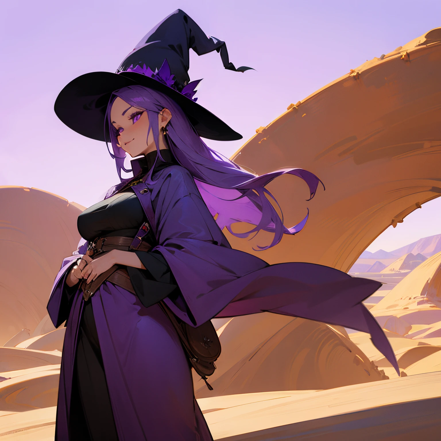 1female , Witches Hat , Purple hair , purple eyes , Mature Woman , Desert background , Curvy