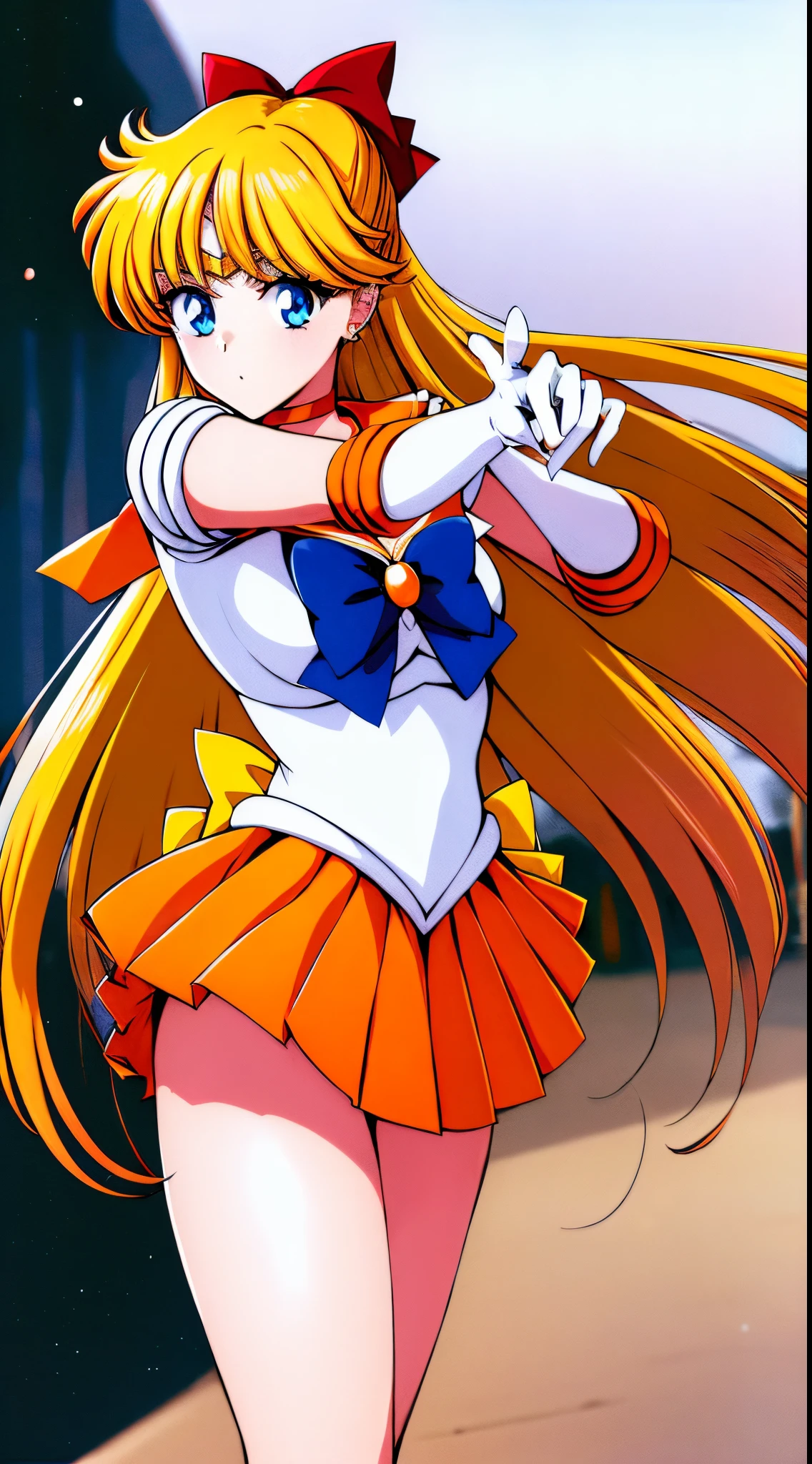 masterpiece, best quality, highres, sv1, sailor senshi uniform, orange skirt, elbow gloves, tiara, pleated skirt, miniskirt, red bow, orange choker, white gloves, jewelry, outdoors, street, cowboy shot, leaning forward, pointing at viewer,