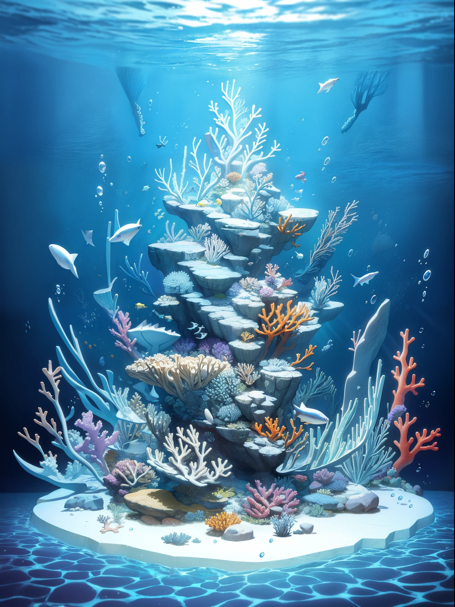 Conceptual Art of Marine Life, Undersea scenery, Marine life，Beautiful coral reefs come in many shapes, 。.3D，, Fish, Women Animated Fantasy Illustration. Long gray hair scattered in the sea, drift, Very harmonious. The whole painting adopts a messy and imaginative painting style. the color is bright and saturated, And with smooth lines. The mystery and beauty of the sea, This picture is、It depicts an underwater world full of vitality and vitality, Animation Art Wallpapers 8K