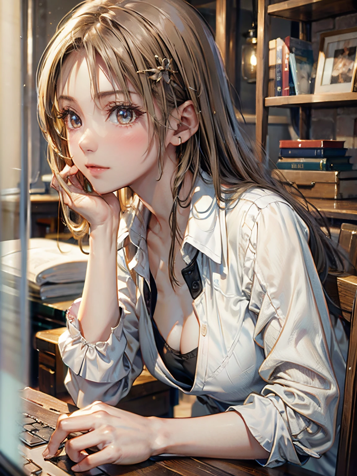 (masutepiece), Natural light, Photorealistic, Cameltoe, diffuse glow, depth of fields, Best Quality、profetional lighting、Top image quality、masterpiece、best quality background、background professional lighting、portlate、a blond、Russian、white shirt、Bookshelf in the background、