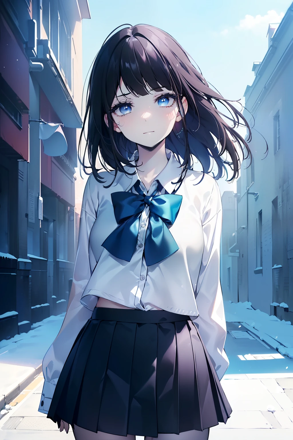 (Obra maestra, La mejor calidad, ultrahigh resolution), 1girl, standing, school uniform, white office shirt, black pleated skirt, ((light brown, light brown hair:0.7), long hair cut, pale skin, ((blue eyes)), glowing_eyes, neon eyes, (ultra detailed eyes, beautiful and detailed face, detailed eyes), ((centered)), smile, ((wide shot)), facing viewer, eye level, (blurry background, bright snowy background, winter), flat chested, looking at viewer, ((half closed eyes)), ((perfect hands)), (((head, arms, hips, elbows, in view))), ((hands behind back)), empty eyes, beautiful lighting, outside, outdoors, background, defined subject, 25 years old,