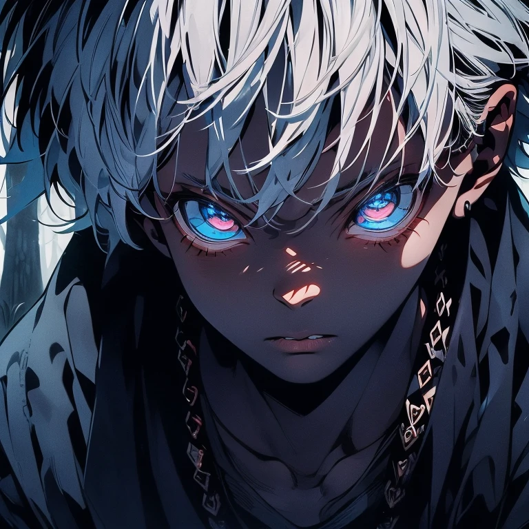 a dark skinned boy, with white hair, with a blue eyes, aged , short kid, strogaze, amidst the forest, vagabond art style, kentaro miura art style, berserk style, wide angle , basic fighting stance, dynamic pose, comic strip, 4k, realistic, full body, solo, male.