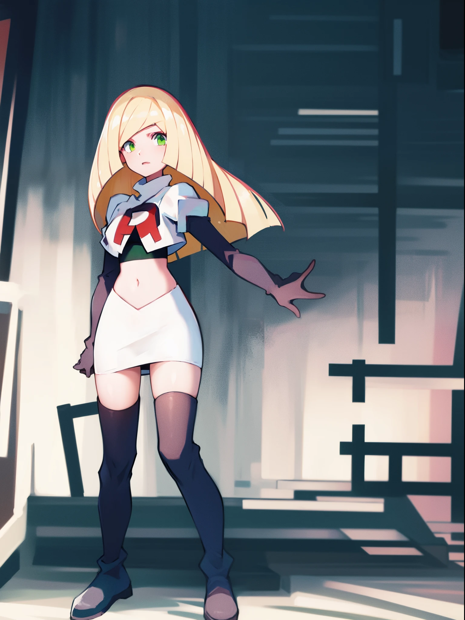 pokemonlusamine,green eyes,blonde hair,team rocket,team rocket uniform,white skirt,crop top,red letter R,black thigh-high boots,black elbow gloves,