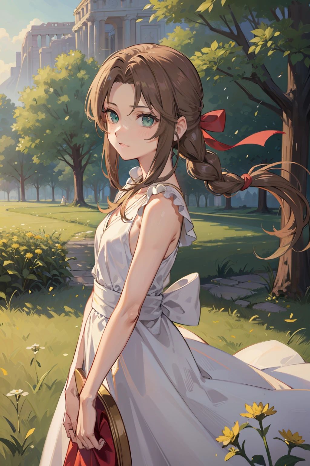 (high-quality, breathtaking),(expressive eyes, perfect face) 1girl, female, solo, young adult, young woman in 20's, brown hair, green coloured eyes, stylised hair, gentle smile, long length hair, loose hair, side bangs, curley hair, tied up, red ribbon in hair, braided ponytail, ancient greek clothes, elegant , Aerith Gainsborough, long white dress, demon slayer art style, sleeveless dress, greek dress, background field of flowers, dandelions, petals floating, red sash around waist, looking at viewer, slightly narrow eyes, portrait