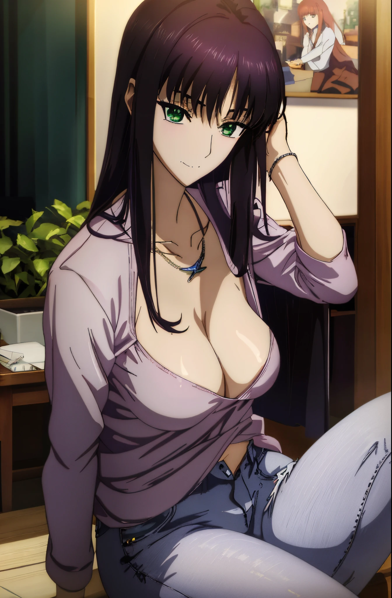 Anime girl with big breasts sitting on the desk in the room, Seductive Anime Girl, charming anime girls, beautiful alluring anime woman, Beautiful captivating anime , Smooth Anime CG Art, beautiful anime girl squatting, beautiful anime woman, Beautiful anime girl, Anime Best Girl,Seductive anime dick girl, nffsw,hiquality,Connect ticker and 8K, hight resolution,Very detailed CG, High quality shadows, Detail Beautiful delicate face, Detail Beautiful delicate eyes,BREAK(Wallpapers with highly detailed 8K),(Highly detailed CG 8K wallpaper),Makima (chain saw man),Sukasaha (Fate/grand order),Shimohira Reihua ,Hi-Res,Very delicate and beautiful CG illustration,top-quality,beautiful thigh,big breasts thin waist,(((masutepiece))), (((Best Quality))),8K,32K,masterpiece,beautiful alluring anime woman,ultra-definition,ultra-detailliert,hight resolution,a hyperrealistic schoolgirl,masuter piece, Best Quality, High quality, High Definition, high quality texture, high quality shadow, high detailing,finely detail,A age girl,1girl in,High school students,Solo,Soio,Only one person,Alone,One Person,taki,Mature atmosphere,Leg length,neat and long legs,8 Head Body,stature:171cm,Mature girls,Reddish-purple hair,Reddish-purple hair,Purple hair,cassis colored hair,silky and smooth hair,Colorful hair,Straight hair,Smile,Cool Beauty,Beautuful Women,Neat face, Beautiful realism,Seductive look,Bewitching look,serene expressions,beautiful hairl,She wears a necklace around her neck,Necklace,bead necklace,magatama accessories,A slight smil,Colorful eyes,green colored eyes,Jade-colored eyes,beautidful eyes,Bright eye,Delicat eyes,Eyes Like Gems,Jade Eyes,Hanging eyes,(Green eyes:1.5),Seductive face,Watching the viewer,Model photo,simple background,Black hair, longeyelashes, lightsmile, Reddish-purple hair, cassis colored hair, Hairpin, lightsmile, Seductive smile, Jade-colored eyes, PUPILS SPARKLING, Hanging eyes, multicolored eyes, Anime style, Hyper-Realism, Realism, anime styled, 8K, Super Detail, ccurate, Best Quality, 16 K, Anatomically correct, ccurate, nffsw, 16 K, hight resolution, Best Quality,parka,Plain clothe,((Black Lowrise Skinny Long Jeans)),hooded sweatshirt,((Sweatshirt)),stroll,Building Street,Sunlight,blue-sky,stroll,Bustling street,during daytime,Walking,takeout,out,cowboy shot,