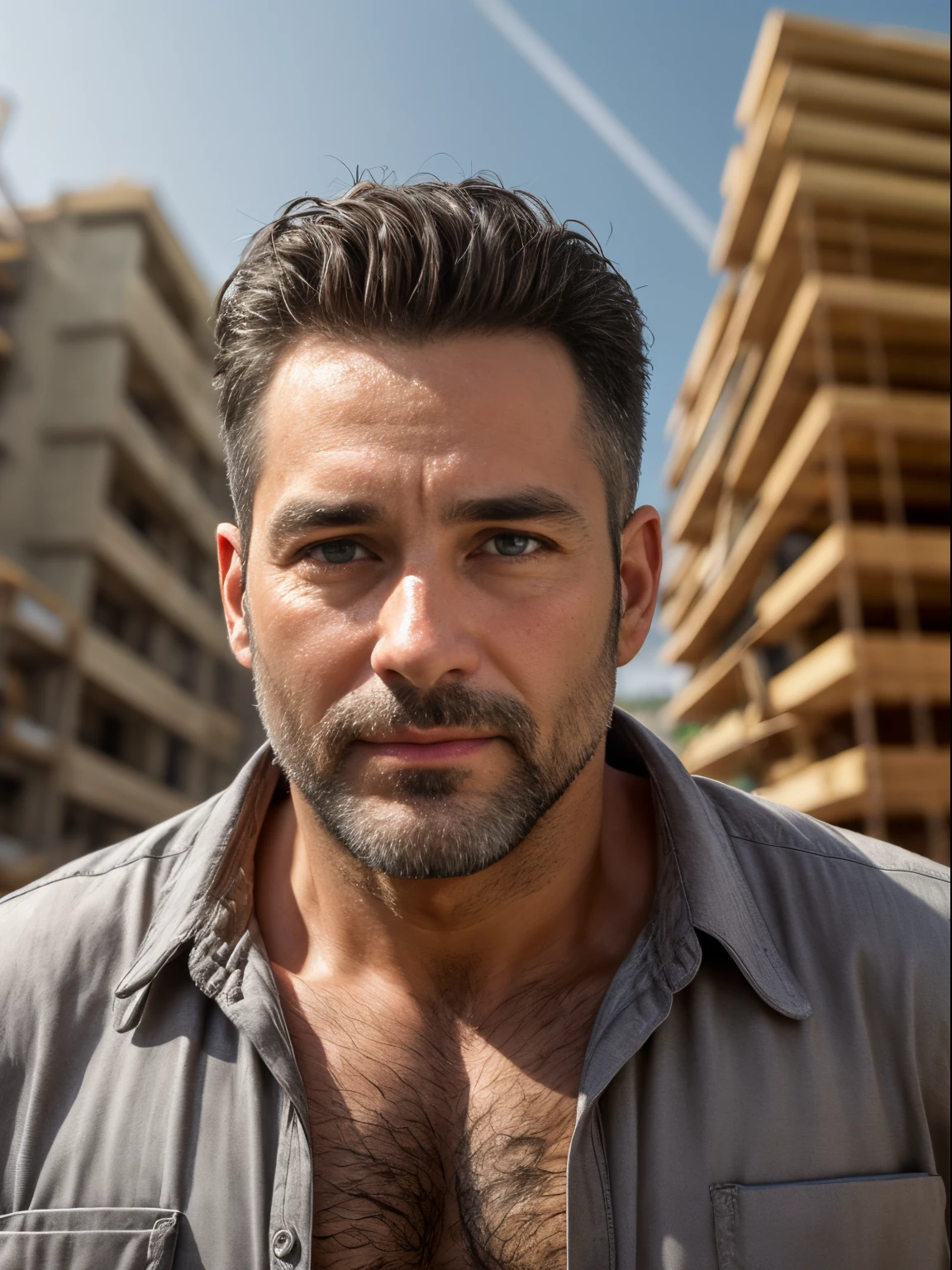 masterpiece, best quality, high resolution, closeup portrait, male focus, solo focus, A man, 40 years old, with construction worker uniform, unbuttoned work clothes, construction worker, silver grey hair, messy hairstyle, cute and seductive face, bare chest, body hair, facial hair, roman nose, very skinny body, hairy legs, dimples, beard, bold jawline , in the background a construction site, view from below, amazing composition, front view, HDR, ultra quality, elegant, highly detailed