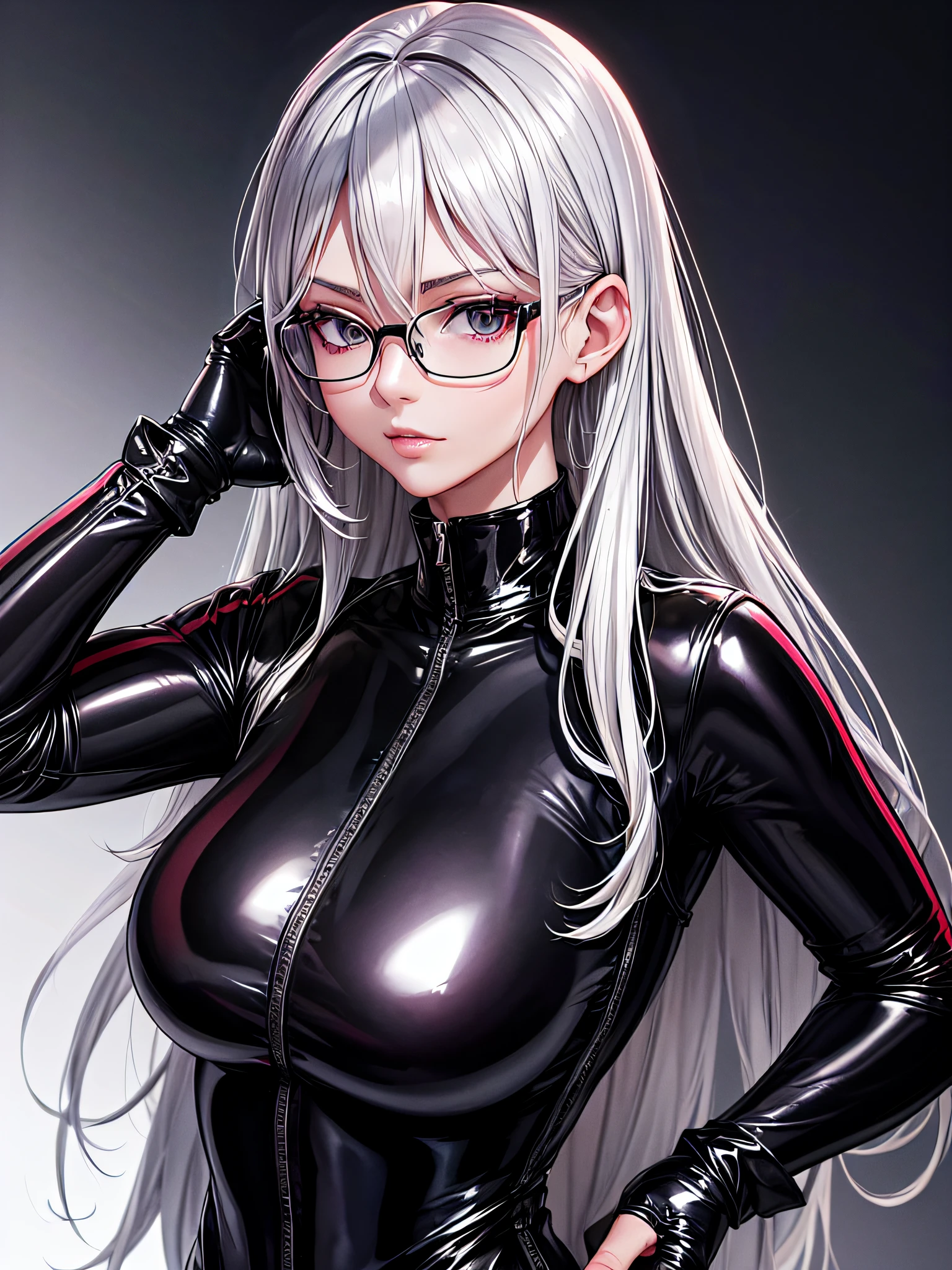 8K UHD、A beautiful silver-haired woman wearing glasses and a latex sweatsuit is posing for a photogravure、Shiny latex sweatsuit with hidden skin、Upper Body Up、 there is a woman in a black dress posing for a picture, Wearing latex costumes, wearing black latex outfit, sexy dress, shiny black dress, black leather slim clothes