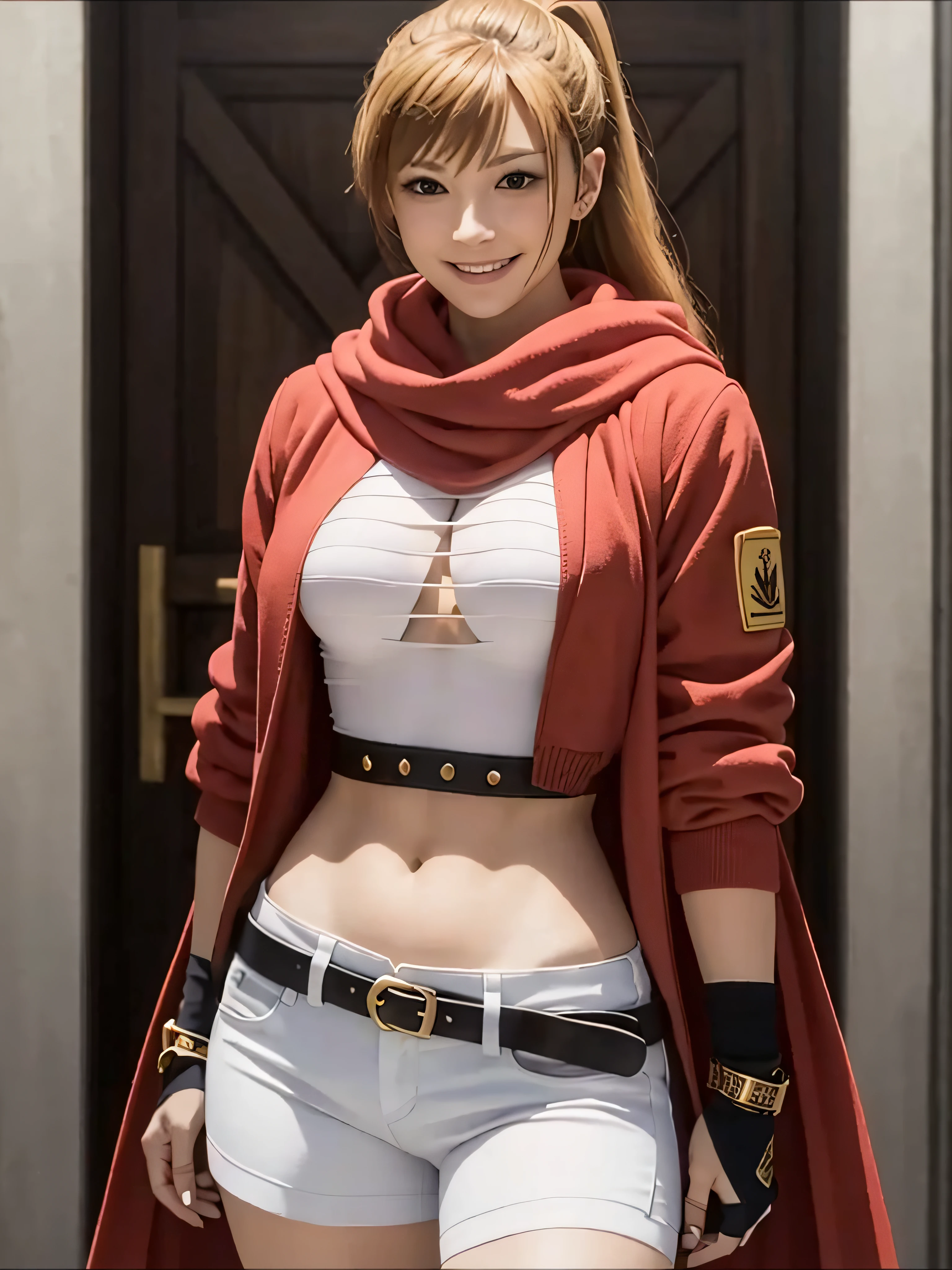 masterpiece, best quality, high quality details, 1girl, solo, long hair, breast, blonder hair, ponytail, green eyes, red scarf, bandages, smile, tattoo, red jacket with orange edges, white belt, white shorts, fingerless gloves, bracelet