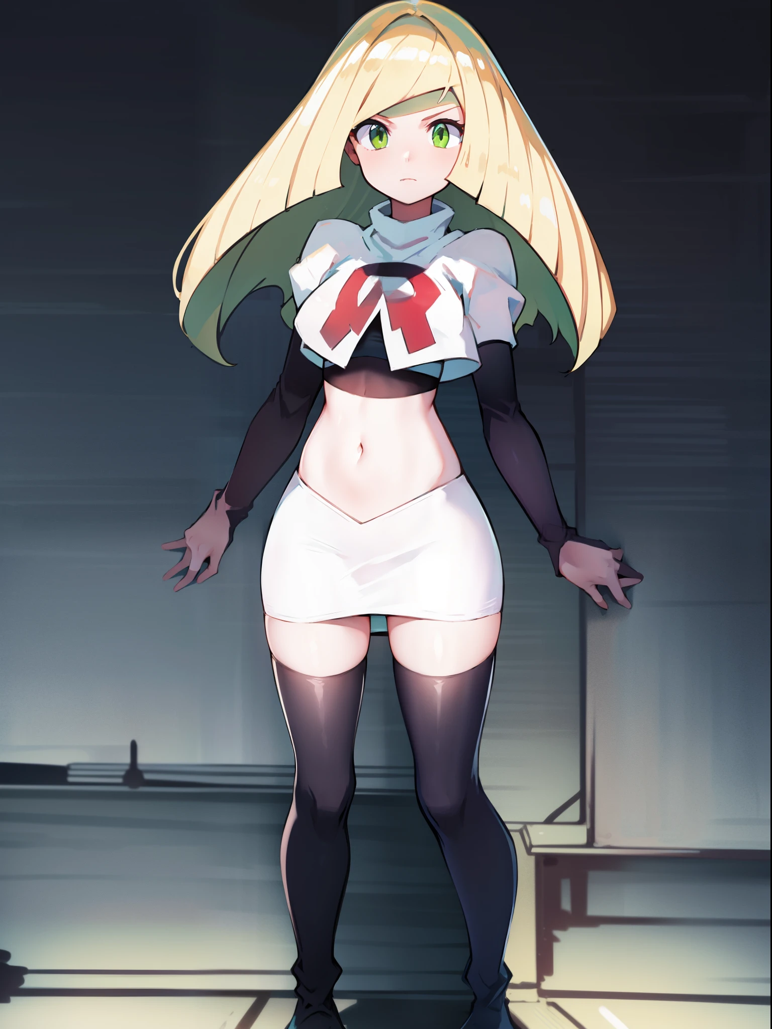 pokemonlusamine,green eyes,blonde hair,team rocket,team rocket uniform,white skirt,crop top,red letter R,black thigh-high boots,black elbow gloves,