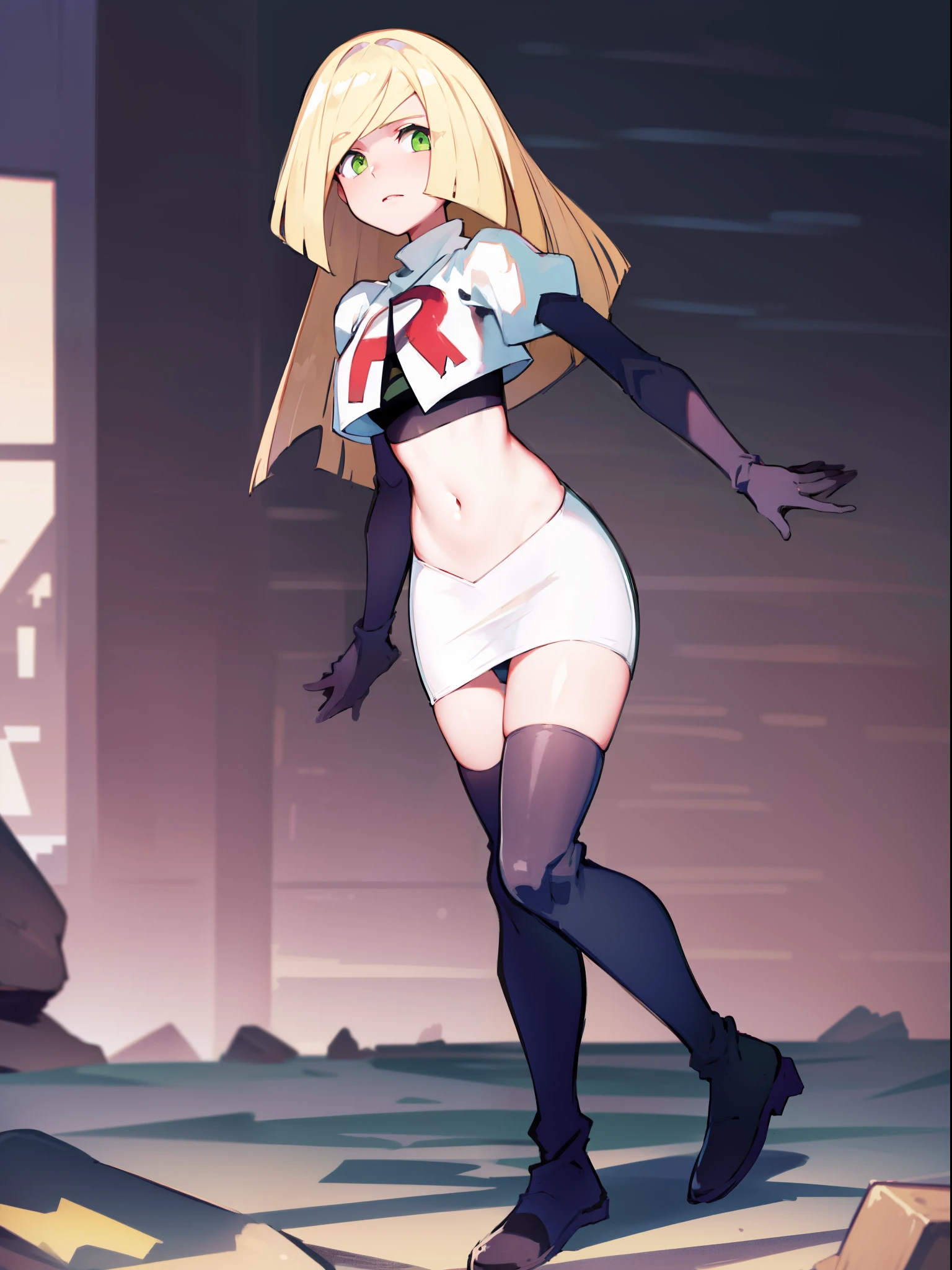 pokemonlusamine,green eyes,blonde hair,team rocket,team rocket uniform,white skirt,crop top,red letter R,black thigh-high boots,black elbow gloves,