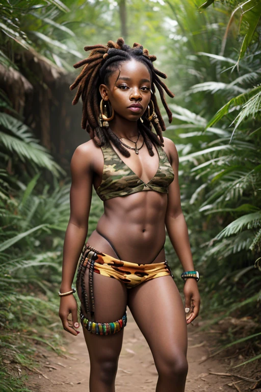 a beautiful african woman, with short dreadlock hairstyle, wearing camouflage hairband, full body, tribal tattoos,sharp focus, perfect lighting, awesome, dslr, 4k high quality. extra detail, extra sharp, magical, perfect moment, natural skin,