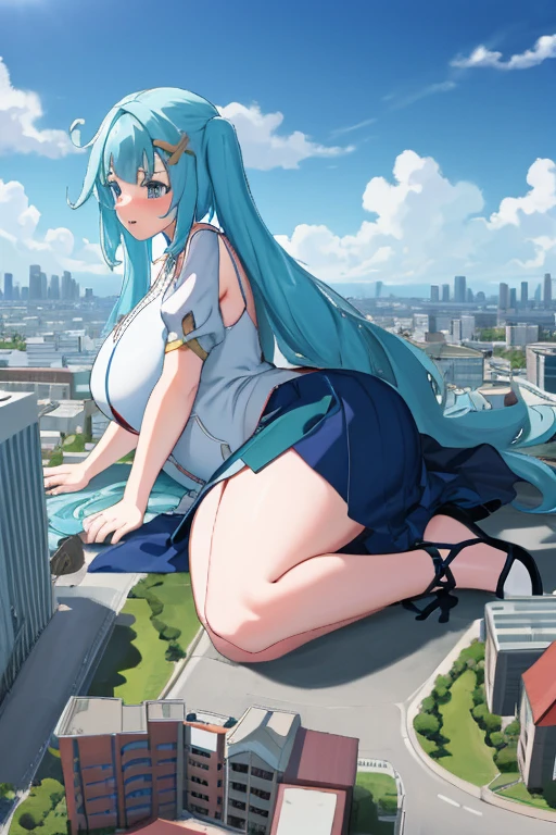 Giant maiden，Moe two-dimensional style，Pregnancy status，Round belly，Gaze at the bustling city, Lying down