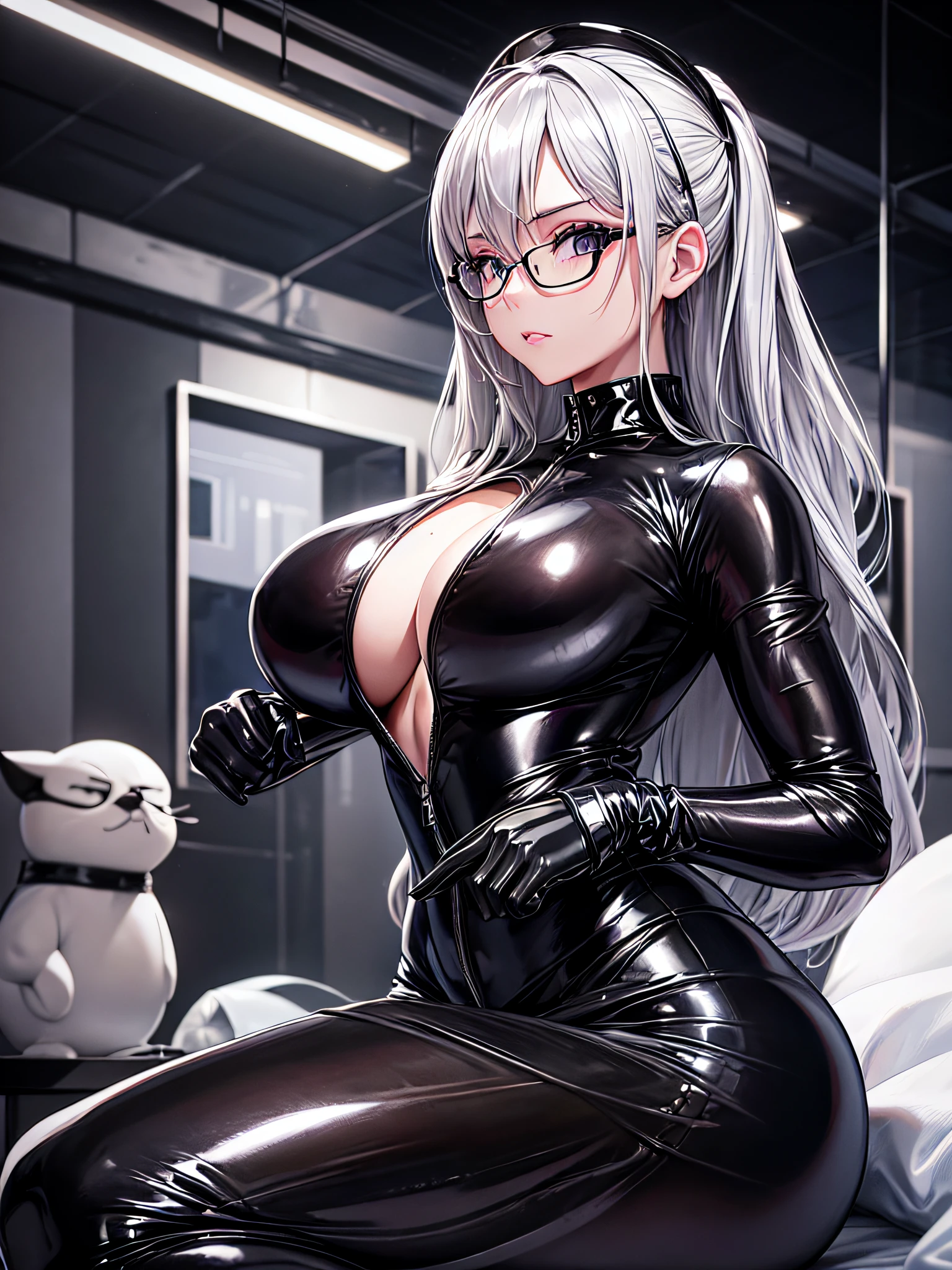 8K UHD、A beautiful silver-haired woman wearing glasses and a latex sweatsuit is posing for a photogravure、Shiny latex sweatsuit with hidden skin、Upper Body Up、 there is a woman in a black dress posing for a picture, Wearing latex costumes, wearing black latex outfit, sexy dress, shiny black dress, black leather slim clothes