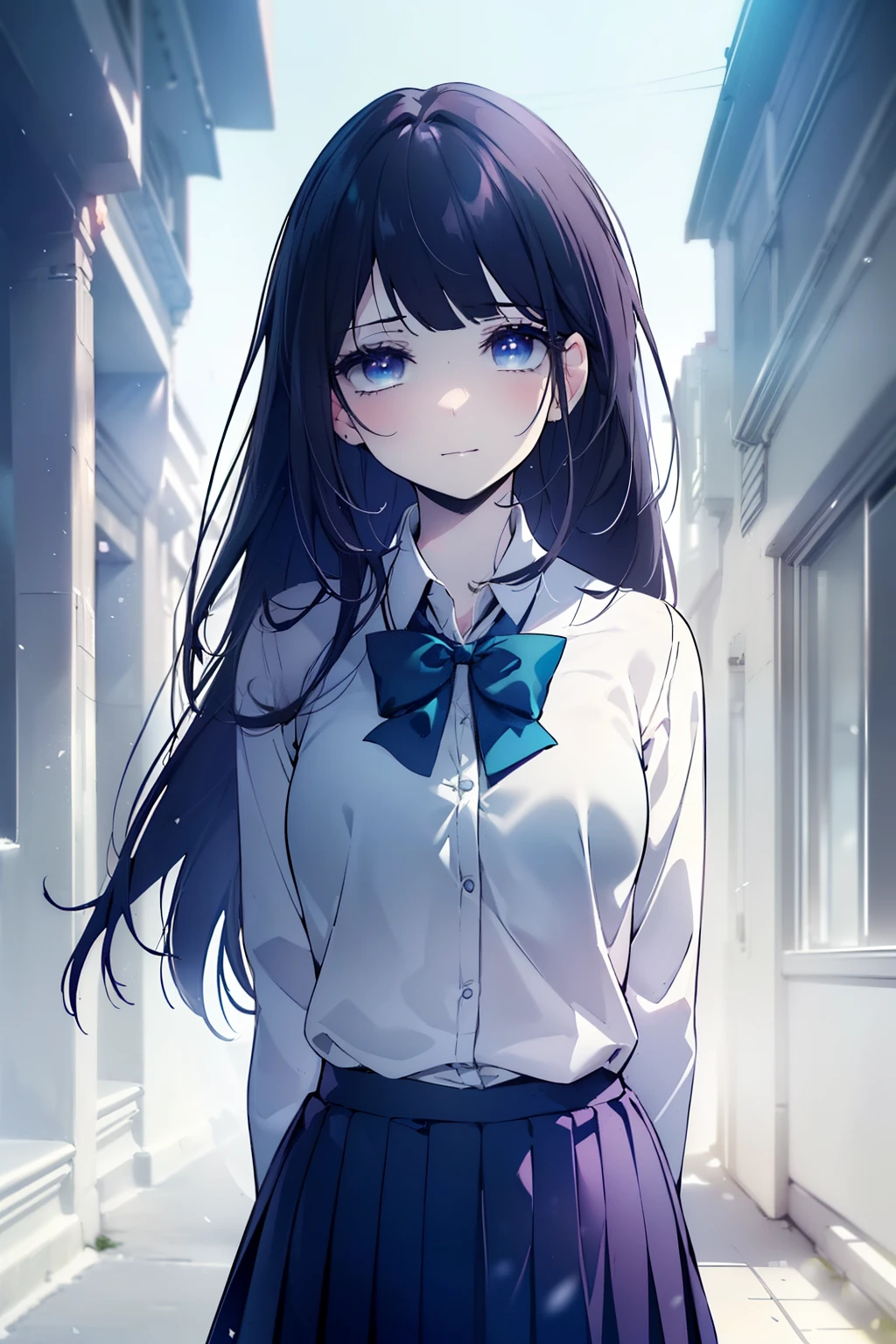 (Obra maestra, La mejor calidad, ultrahigh resolution), 1girl, standing, school uniform, white office shirt, black pleated skirt, ((honey brown, honey brown hair:0.7), long hair cut, pale skin, ((blue eyes)), glowing_eyes, neon eyes, (ultra detailed eyes, beautiful and detailed face, detailed eyes), ((centered)), smile, ((wide shot)), facing viewer, eye level, (blurry background, bright snowy background, winter), flat chested, looking at viewer, ((half closed eyes)), ((perfect hands)), (((head, arms, hips, elbows, in view))), ((hands behind back)), empty eyes, beautiful lighting, outside, outdoors, background, defined subject, 25 years old,