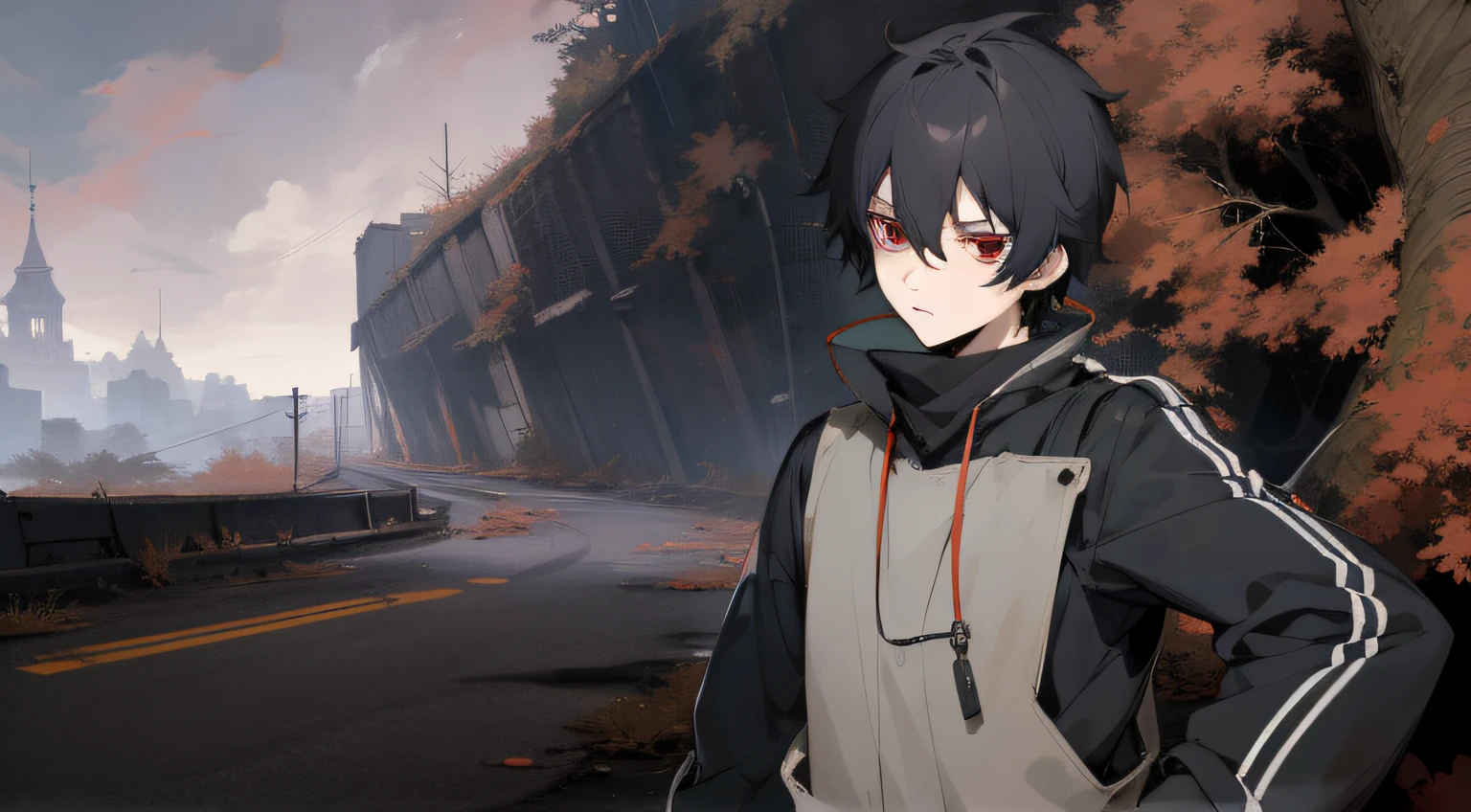 anime male character on a abandoned empty road, short dark hair, red eyes, high res, ultrasharp, 8K, masterpiece, Anime Wallpaper, anime street, background, high resolution, godrays, abandoned road, fantasy, simple cloathing
