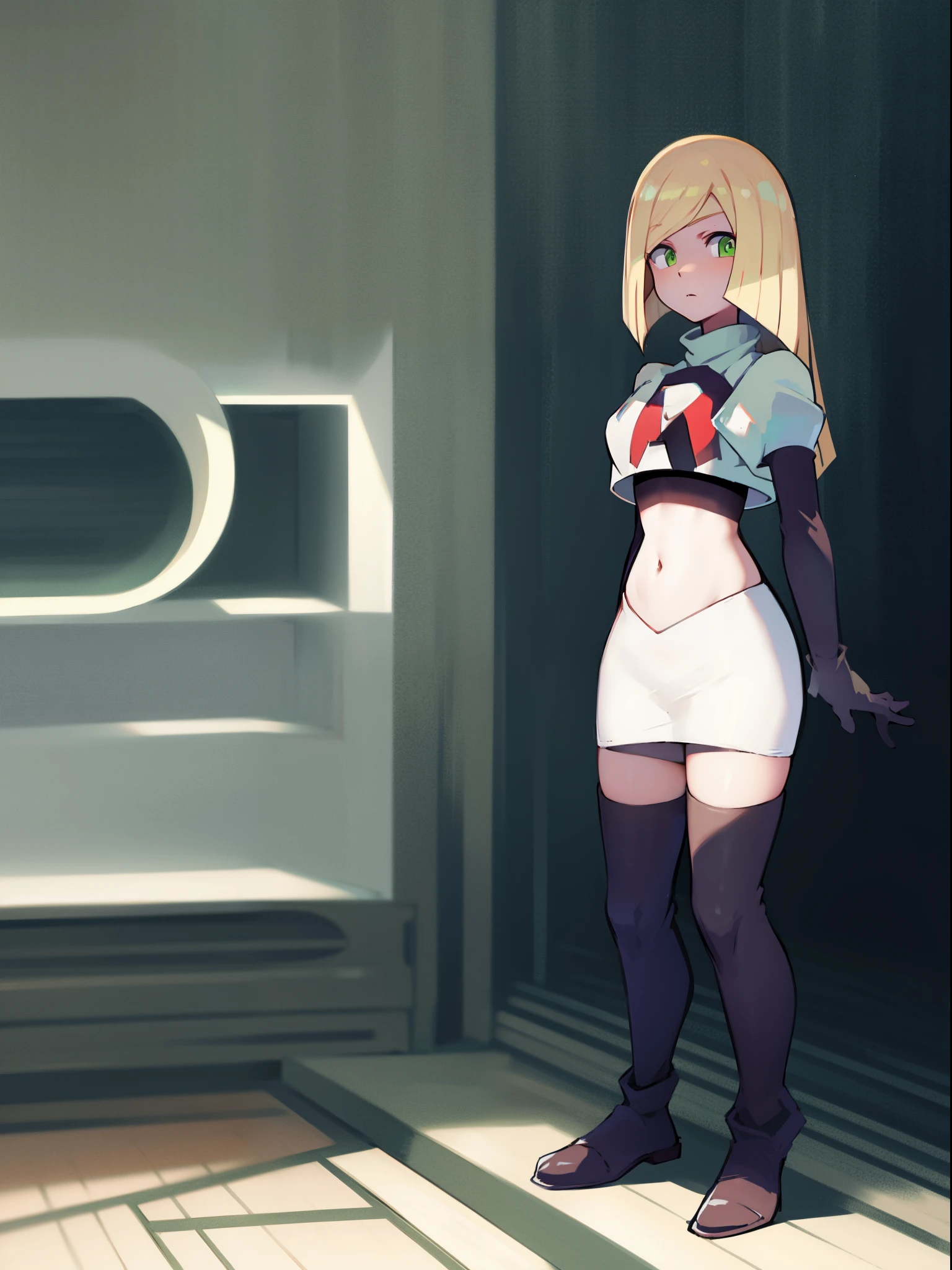 pokemonlusamine,green eyes,blonde hair,team rocket,team rocket uniform,white skirt,crop top,red letter R,black thigh-high boots,black elbow gloves,