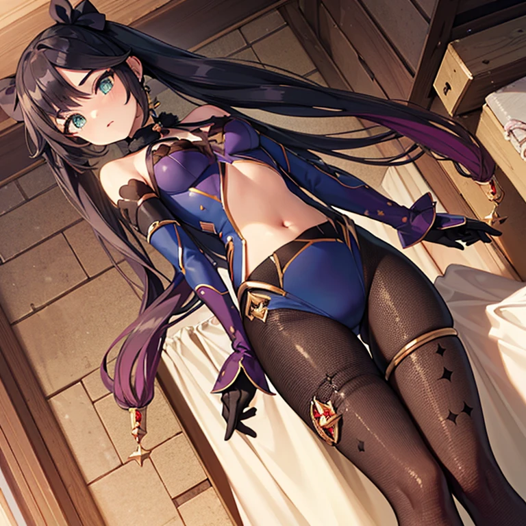 fishnet stockings, (bike shorts), thigh gap, hips, boob Window, small breasts, butt, (buttcrack), (lingerie), (bare midriff), bare shoulders, view from behind, mona_genshin, (1 person),