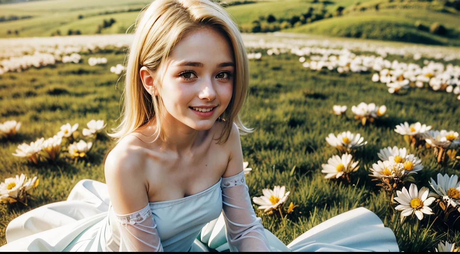 masterpiece, best quality, sdsElaine, white dress, bare shoulders, detached sleeves, flower patch, field, sitting, from above, looking at viewer, smile, beauty, extremely beautiful face, detailed eyes, detailed face