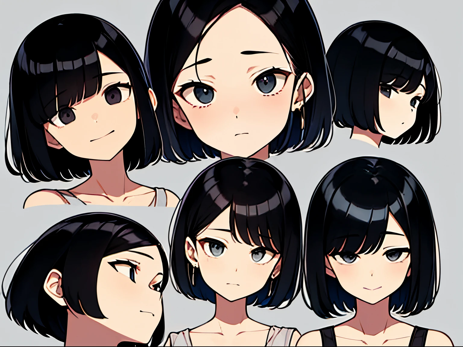 a short bob, Black hair, Black eyes, slanted eye, Round face, hide your mood