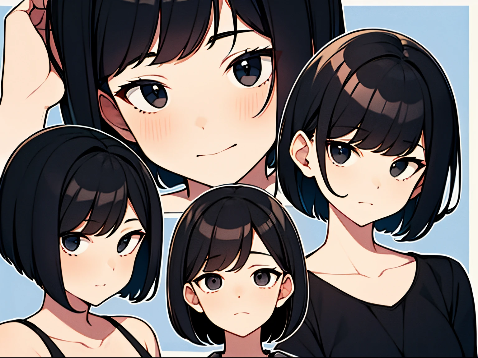 a short bob, Black hair, Black eyes, slanted eye, Round face, hide your mood