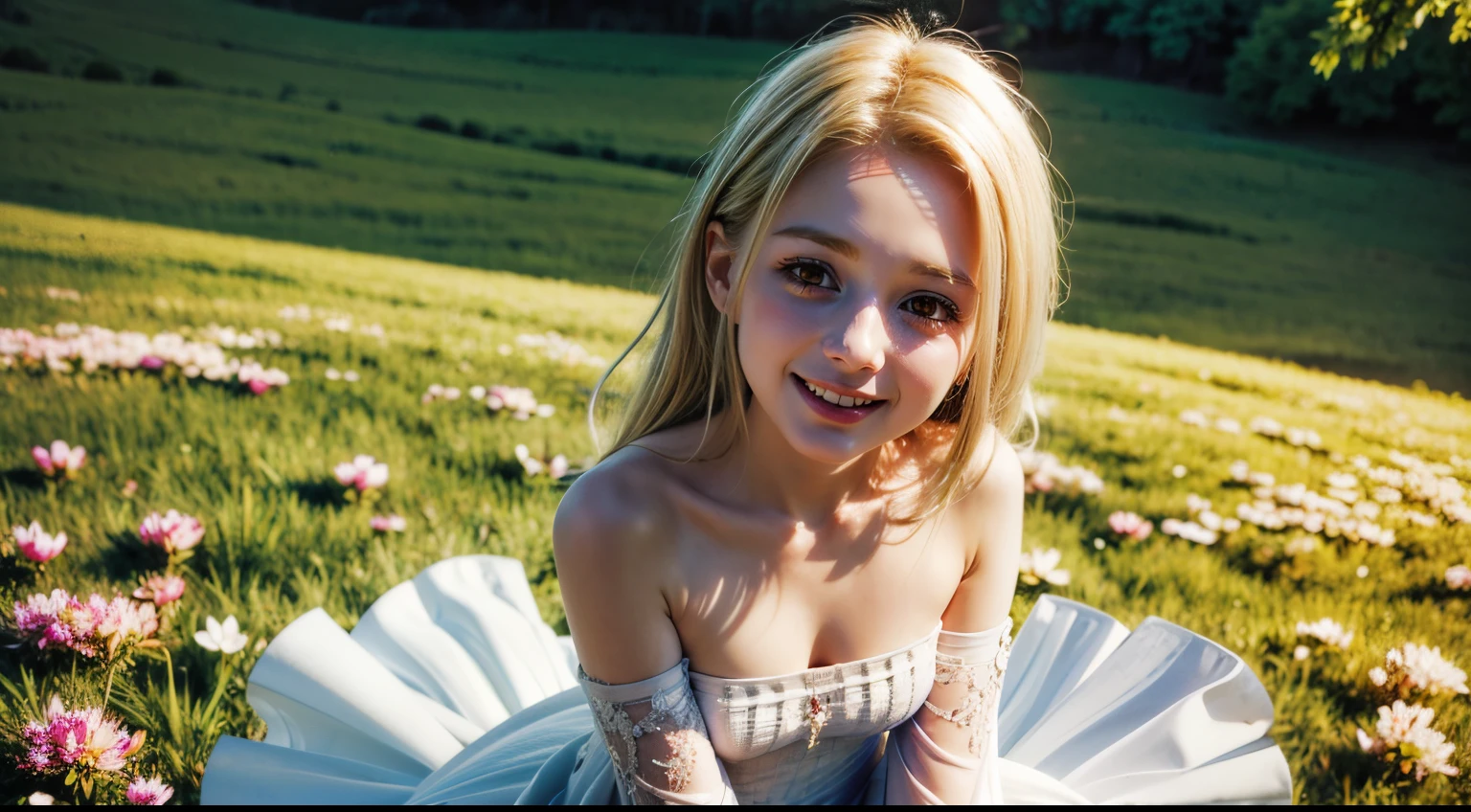 masterpiece, best quality, sdsElaine, white dress, bare shoulders, detached sleeves, flower patch, field, sitting, from above, looking at viewer, smile, beauty, extremely beautiful face, detailed eyes, detailed face