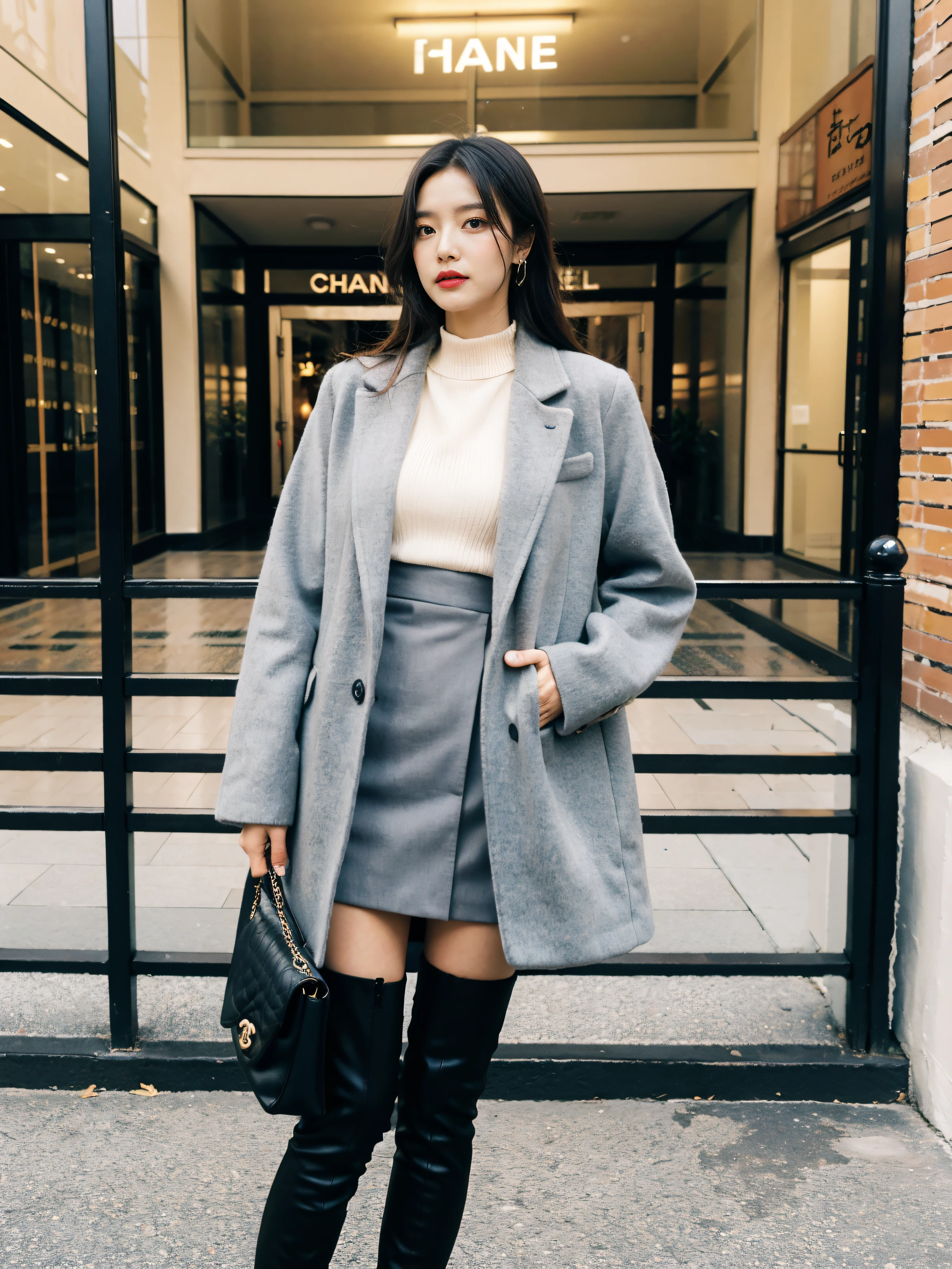 Best quality at best,tmasterpiece,超高分辨率,(actual:1.4),RAW photogr,hyper HD，8K，There  one girl，Stylish clothes,Chanel style，Stylish skinny suit, wearing jacket and skirt,high-class fashion，ellegance, short skirt and a long jacket, tigh-high boots，Over-the-knee boots，Casual pose，During the day