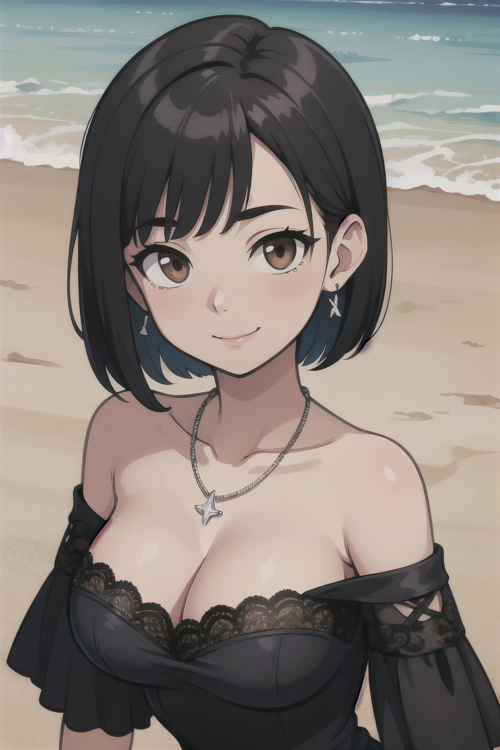 Best quality, Beautiful lighting, medium breasts, cleavage, Black hair, Short Hair, Bob Hair, 1 Girl, Solo, jewelry, Earrings, Brown eyes, lace off-the-shoulder top, Off-the-shoulder attire: 1.4, black and white dress, Smile, collarbone, necklace, Bare shoulders, (complex detailed background, sandbeach,beachside,Greenery),