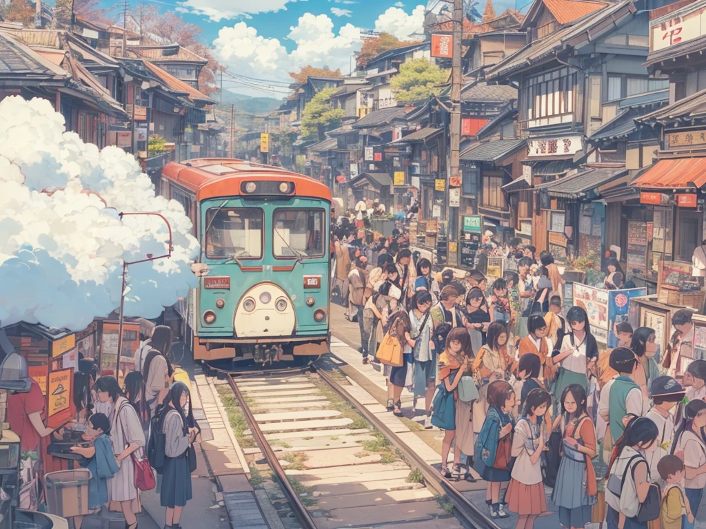 Chubu Japan Railway、Japan countryside、Cinematic scenery、Ghibli、during daytime、Clouds,crowds,masutepiece,Best Quality,Sketch style, totoro waiting in halte bus,