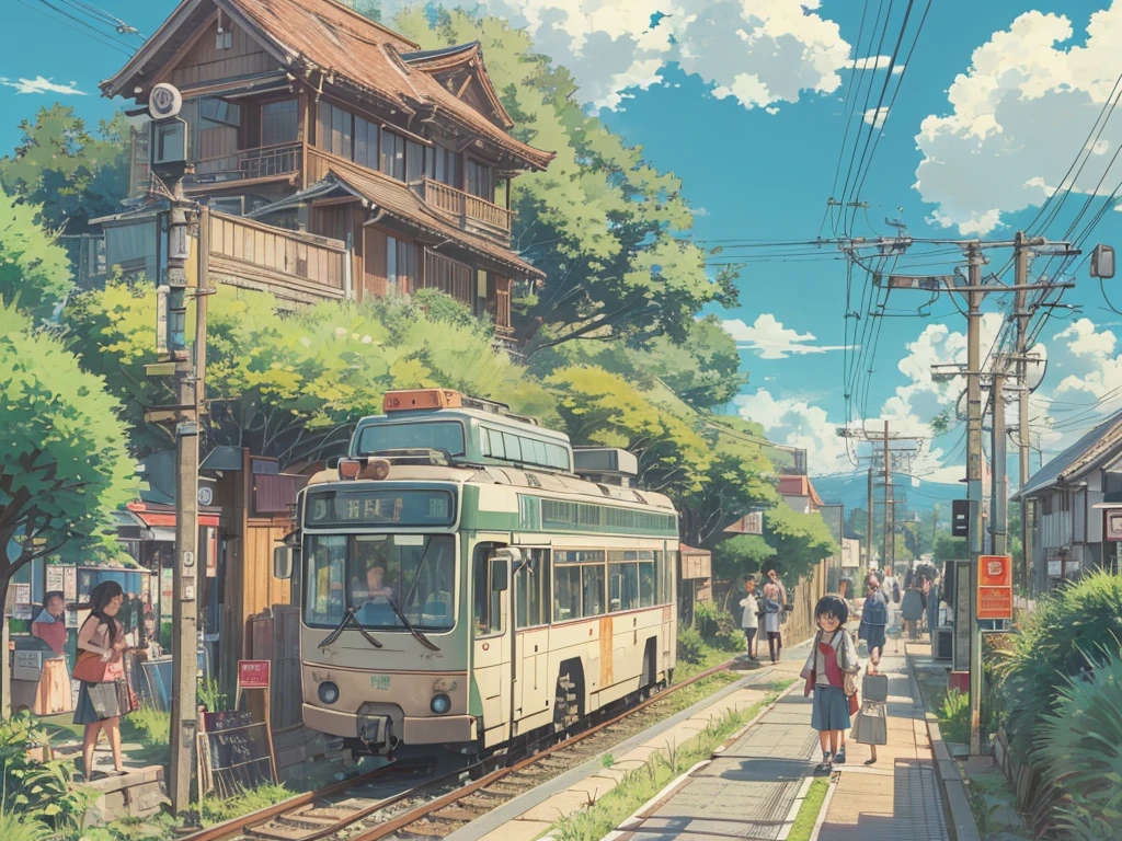Chubu Japan Railway、Japan countryside、Cinematic scenery、Ghibli、during daytime、Clouds,crowds,masutepiece,Best Quality,Sketch style, totoro waiting in halte bus,