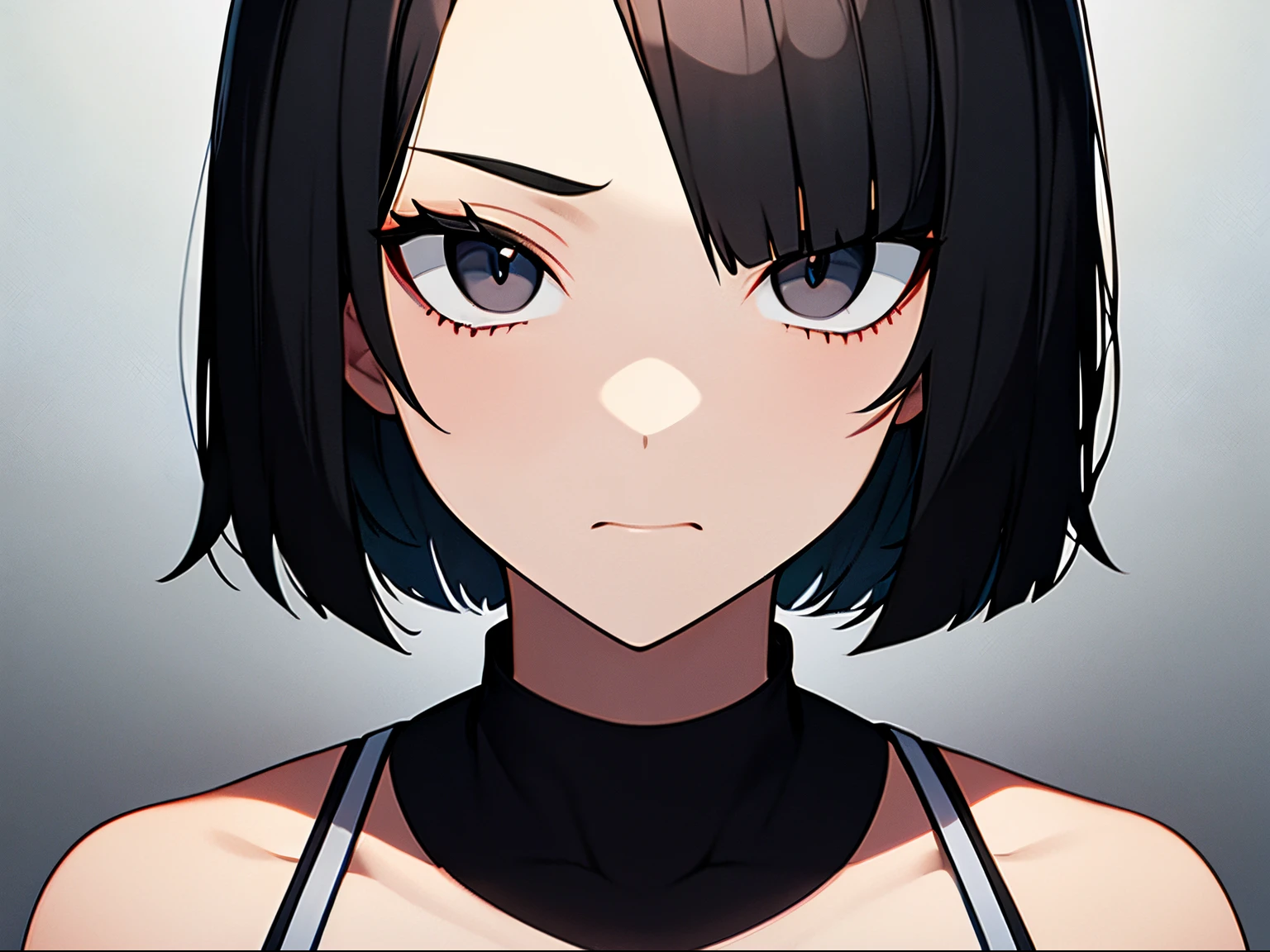 short bob, black hair, black eyes, slant eyes, round face, high , bad mood