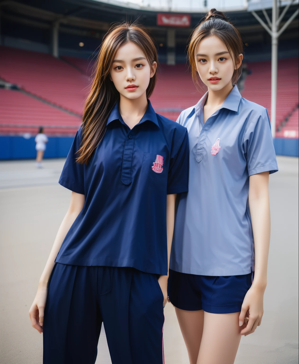 (bestquality,10,10,highres,masterpiece:1.2),ultra-detail,(Realistic,photorealistic portrait,photo-realistic:1.37),1 Cute girl in the football field,oily shiny skin,bara,light smile,BDclothelue shirt:1.3)),short sleeves,shirt, trousers.,(navy_long_Pants Track:1.1), ((Stadium Background:1.3)),dynamic angle,excited,face focus,Dynamic Poses,from behide,Ass Focus,masterpiece, bestquality, ultra realistic, hyper-detail, 8k resolution, RAW photo, crisp focus, ((Navy blue shirt:1.1)), short sleeves, Long Path, Perfect body, 2 mature women, 18yo, cinematic light,Blue sweatpants,Gymware,Correct anatomy,Complete body, Correct body, sharp face, Anatomically correct body, full entire body, Realistic gestures, long-haired, Realistic poses,Wear long shorts......................................,Long leg span,Shapely,Sculpting Girl, Slender Figure, mannequin mannequins, Shapely, Beautiful body,Blue sweatpants, Two girls kissing
