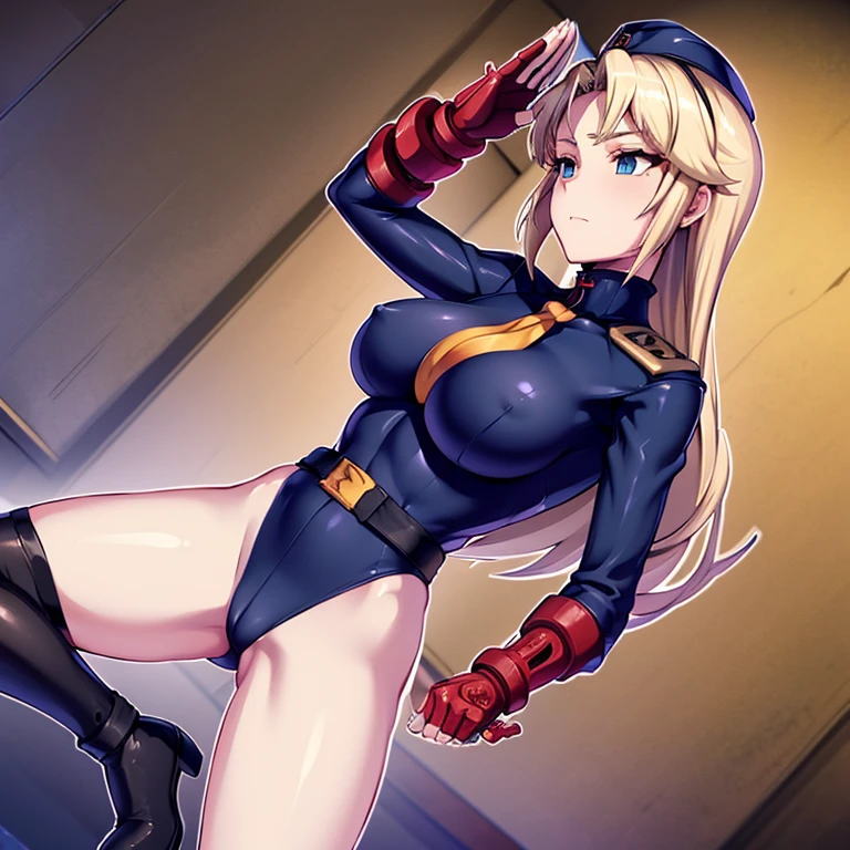 Masterpiece, Best Quality, Highly detailed, illustration, absurdres, street fighter, doll suit, shadaloo doll, nazi saluting, military, military saluting, salute, 1 girl, solo, expressionless, emotionless eyes, looking at viewer, red gloves, emotionless, black latex, corrution, zofa suit, zofa soldier, mind control, female combatant, full body, hypnotized, standing, standing at attention, unhappy trance, full body suit, belt, eagle emblem, Ellen Kohagura, Katana Maidens, Toji no Miko, blonde hair, green eyes, long hair, big beasts