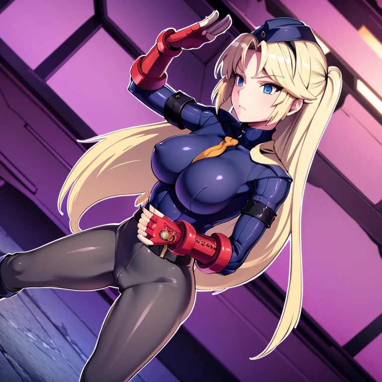 Masterpiece, Best Quality, Highly detailed, illustration, absurdres, street fighter, doll suit, shadaloo doll, nazi saluting, military, military saluting, salute, 1 girl, solo, expressionless, emotionless eyes, looking at viewer, red gloves, emotionless, black latex, corrution, zofa suit, zofa soldier, mind control, female combatant, full body, hypnotized, standing, standing at attention, unhappy trance, full body suit, belt, eagle emblem, Ellen Kohagura, Katana Maidens, Toji no Miko, blonde hair, green eyes, long hair, big beasts