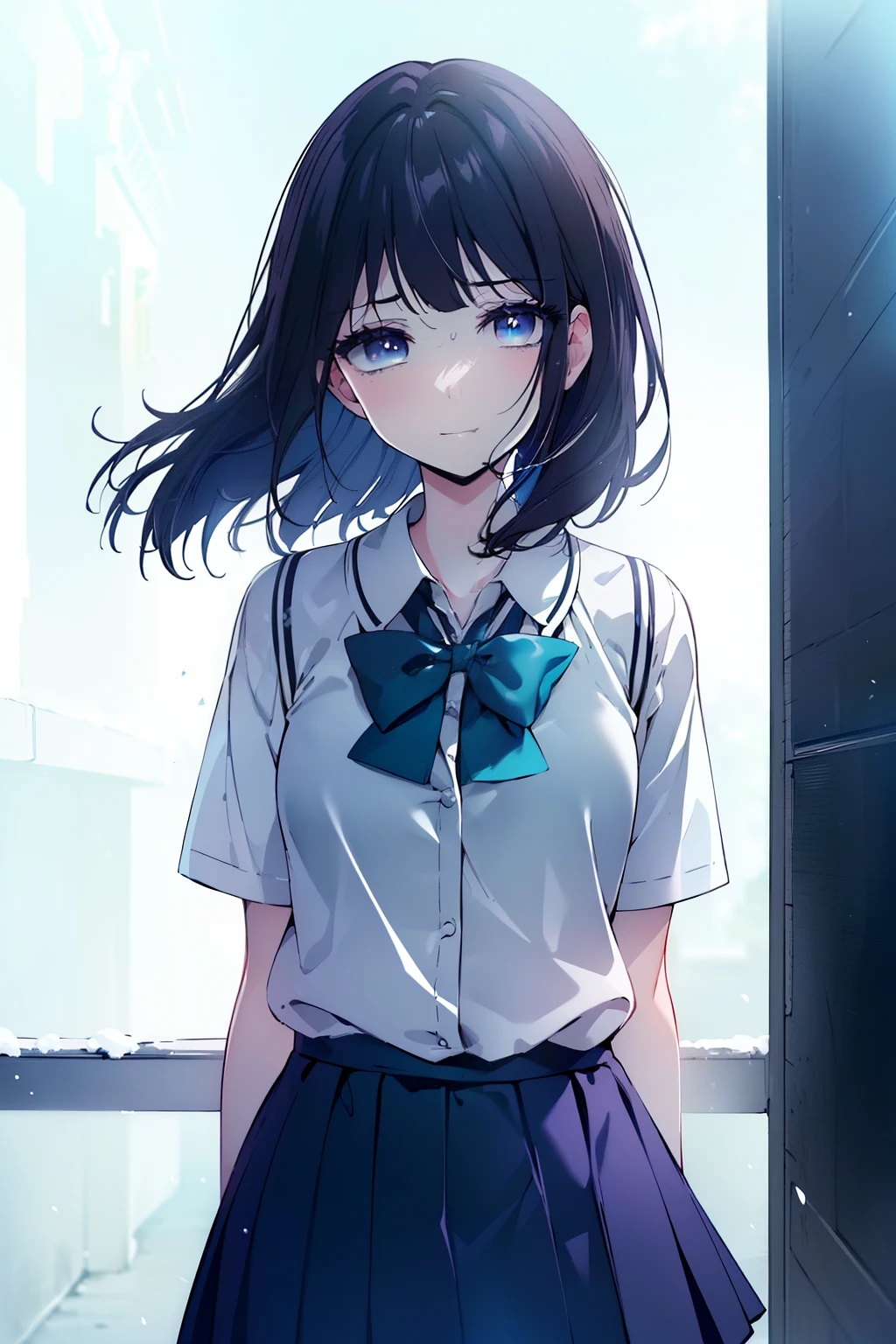 (Obra maestra, La mejor calidad, ultrahigh resolution), 1girl, standing, school uniform, white office shirt, black pleated skirt, ((light brown, light brown hair:0.7), long hair cut, pale skin, ((blue eyes)), glowing_eyes, neon eyes, (ultra detailed eyes, beautiful and detailed face, detailed eyes), ((centered)), smile, ((wide shot)), facing viewer, eye level, (blurry background, bright snowy background, winter), flat chested, looking at viewer, ((half closed eyes)), ((perfect hands)), (((head, arms, hips, elbows, in view))), ((hands behind back)), empty eyes, beautiful lighting, outside, outdoors, background, defined subject, 25 years old,