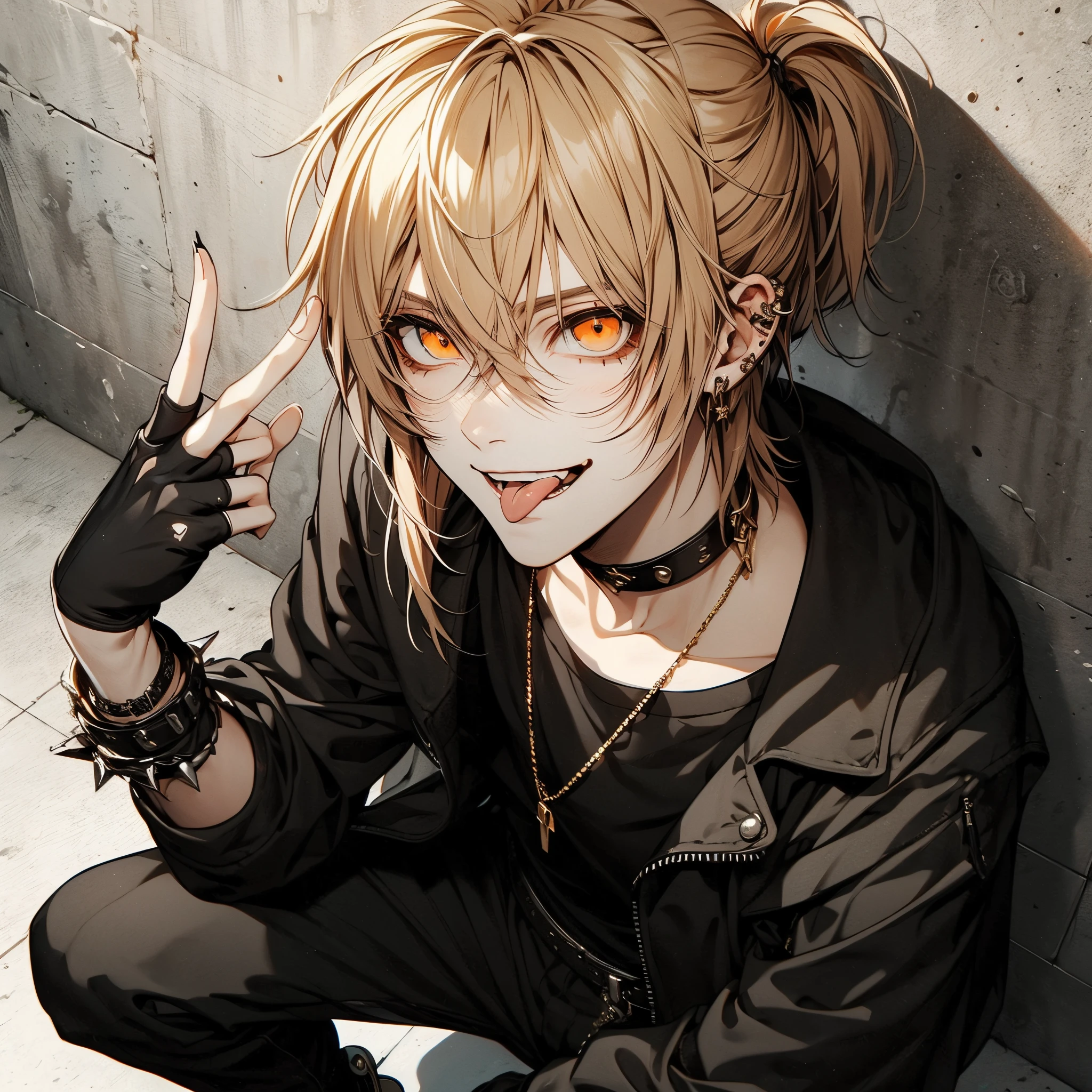 Beautiful young man, poneyTail、Gold Hair, Short hair, Long Cut Eye, Orange Eyes, Evil smile, black rock costume, piece sign, Stick out your tongue, Beautiful, Handsome, Cool, Handsome, Concrete wall on background, Overhead view, Crouching, Smirk, High quality, amount of drawing, pixiv illustration