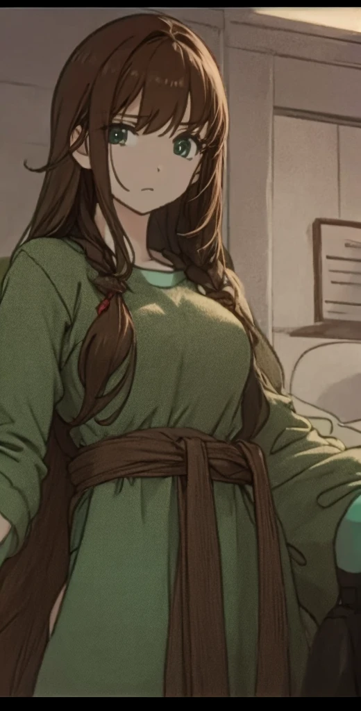 A beautiful woman with long brown hair is wearing green clothes with a stunned expression on her face.。