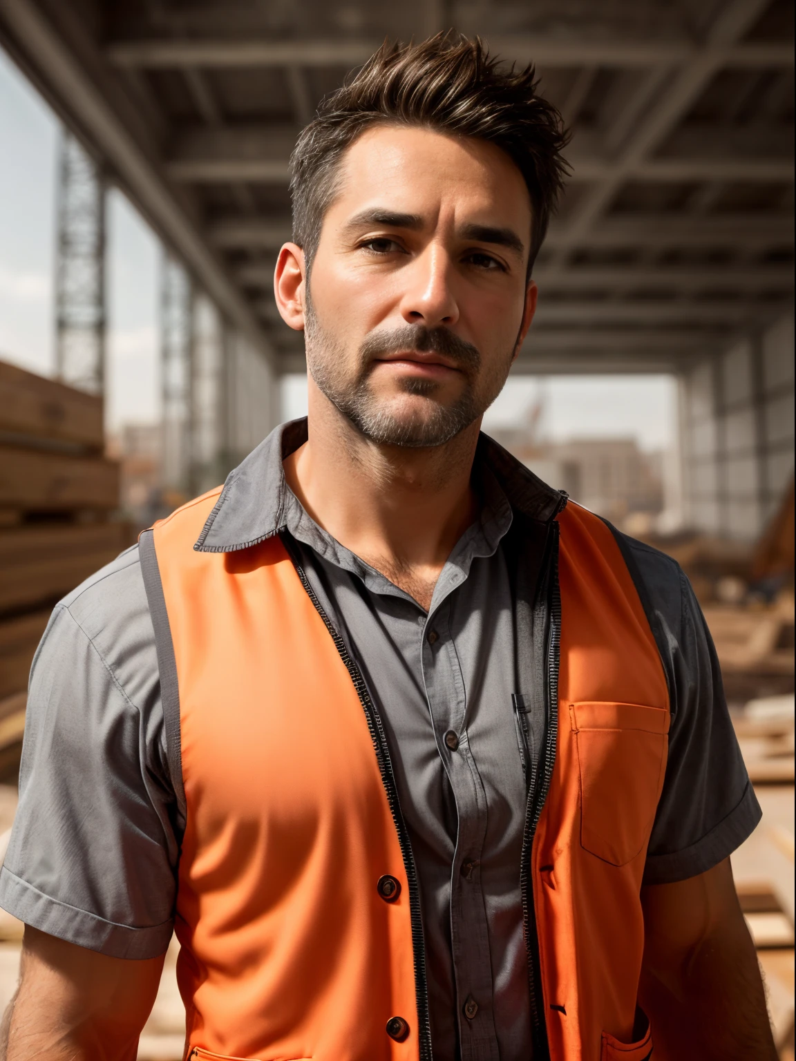 masterpiece, best quality, high resolution, closeup portrait, male focus, solo focus, A man, 40 years old, with construction worker uniform, unbuttoned work clothes, construction worker, silver grey hair, messy hairstyle, cute and seductive face, bare chest, body hair, facial hair, roman nose, very skinny body, hairy legs, dimples, beard, bold jawline , in the background a construction site, orange vest, gay , erotic, view from below, amazing composition, front view, HDR, ultra quality, elegant, highly detailed
