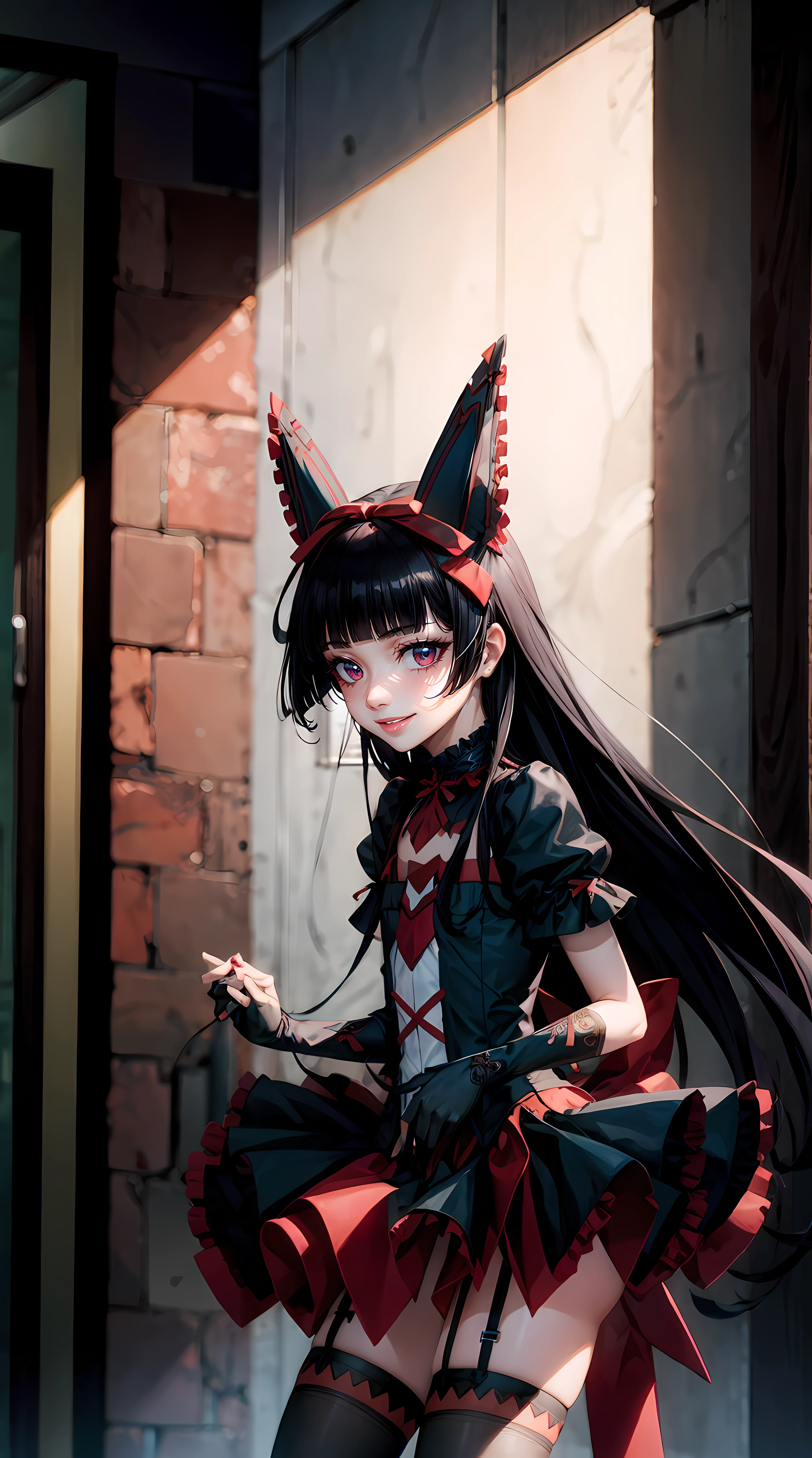 Rory Mercury, Rory Mercury, black  hair, blunt bangs, hime cut, hair ornament, black lipstick, hairlong, cute face, makeup, (small chest:1.2), (red eyes:1.5), BREAK Gothic underwear, the perfect body (little chest:1.3) horney, BREAK in full growth, red shoes, BREAK Black Stockings, Black Gloves BREAK, black thighs, garter straps, gloves, gotik, Hair Bow, Detailed Gothic Fashion, puffy short sleeves, puffy sleeves, short sleeves, thights, BREAK, starry night sky, night city, BREAK looks at the viewer, BREAK (Masterpiece:1.2), Best Quality, High Resolution, Ultra HDR, Unity 8k壁纸, (illustartion:0.8), (beautiful detail eyes:1.6), extremely detailed face, perfect  lighting, extremely detailed CGI, (perfect arms, Perfect Wrist, two arms, five fingers on the hand, red manicure, Detailed fingers, perfect anatomy),